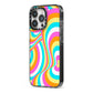 Seventies Abstract iPhone 13 Pro Black Impact Case Side Angle on Silver phone