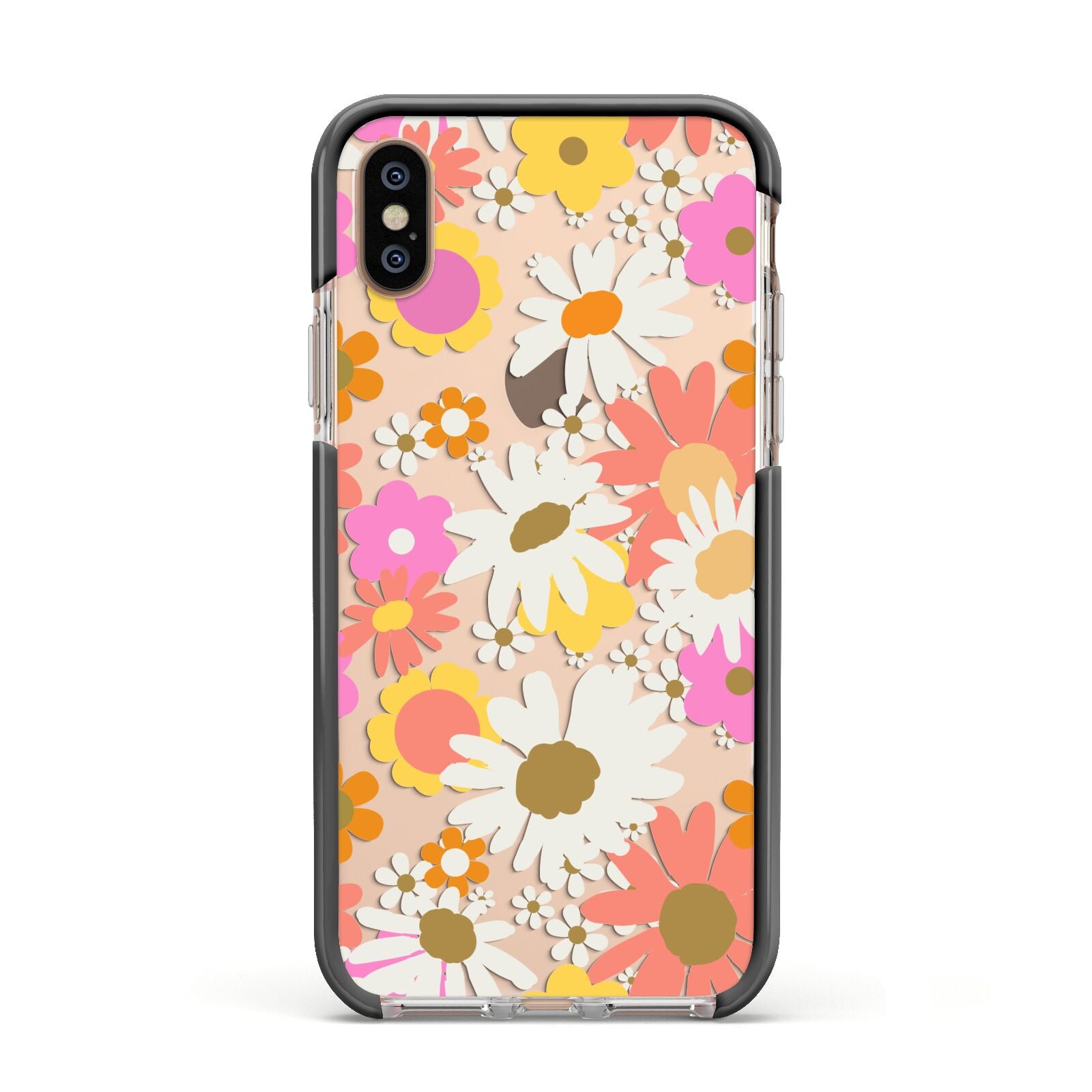 Seventies Floral Apple iPhone Xs Impact Case Black Edge on Gold Phone