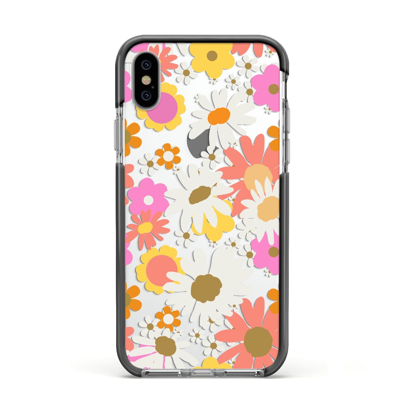 Seventies Floral Apple iPhone Xs Impact Case Black Edge on Silver Phone