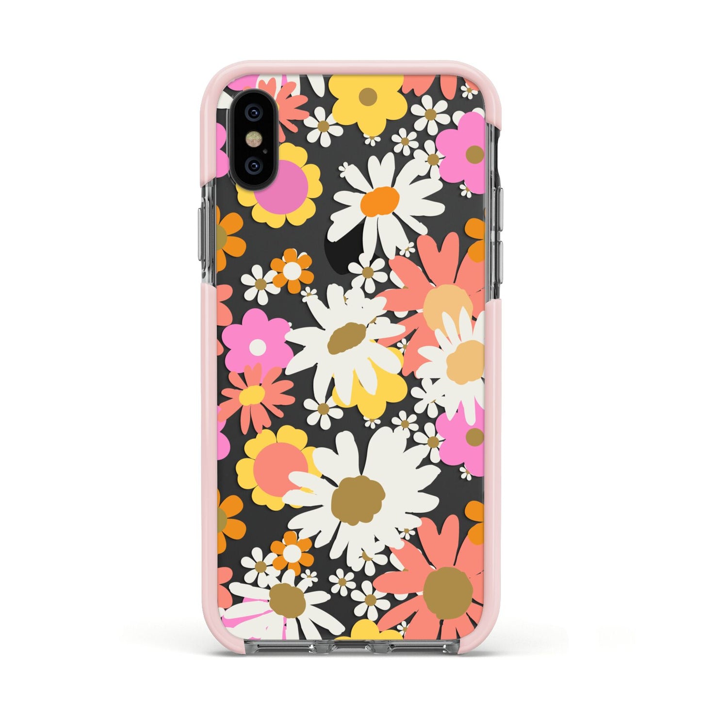 Seventies Floral Apple iPhone Xs Impact Case Pink Edge on Black Phone
