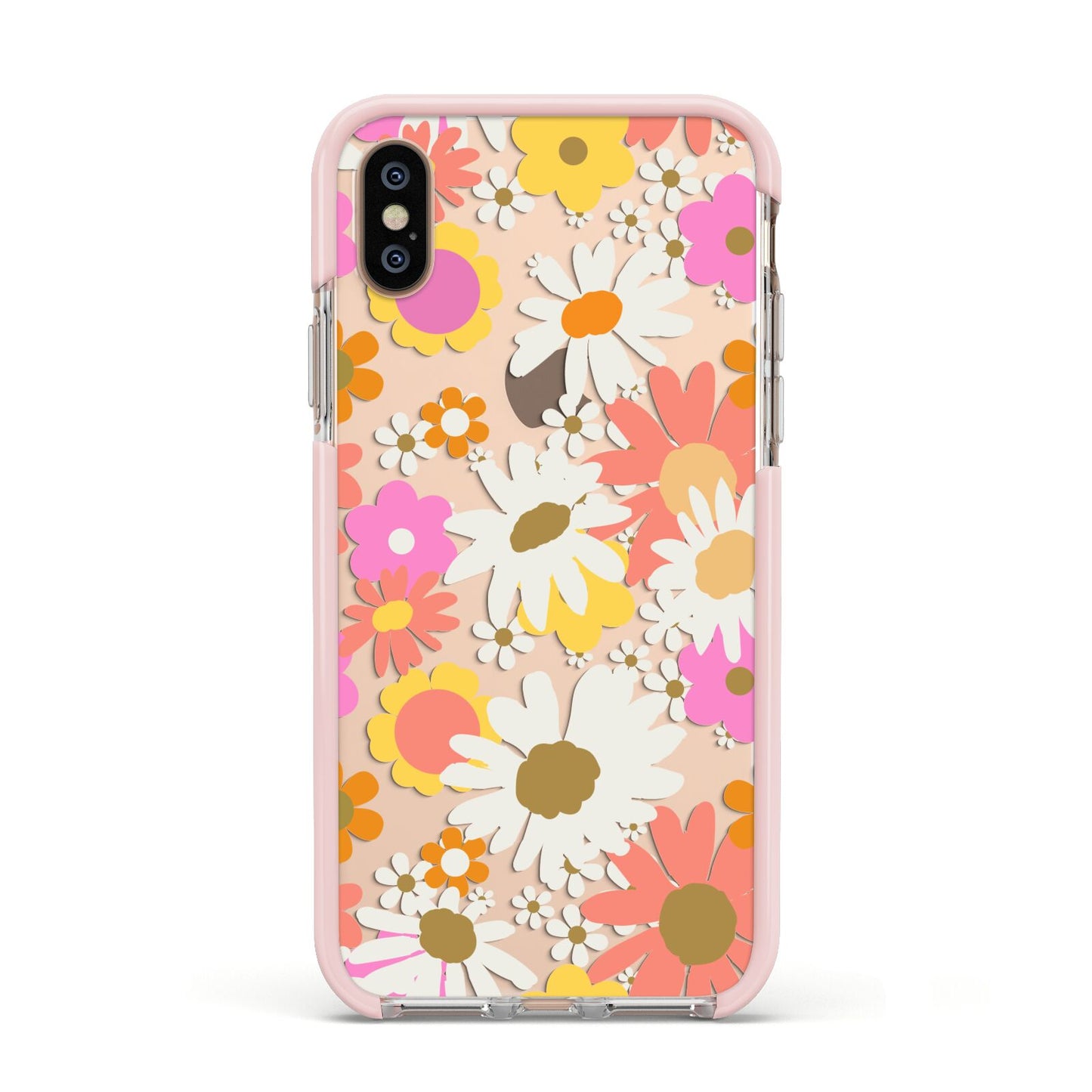 Seventies Floral Apple iPhone Xs Impact Case Pink Edge on Gold Phone