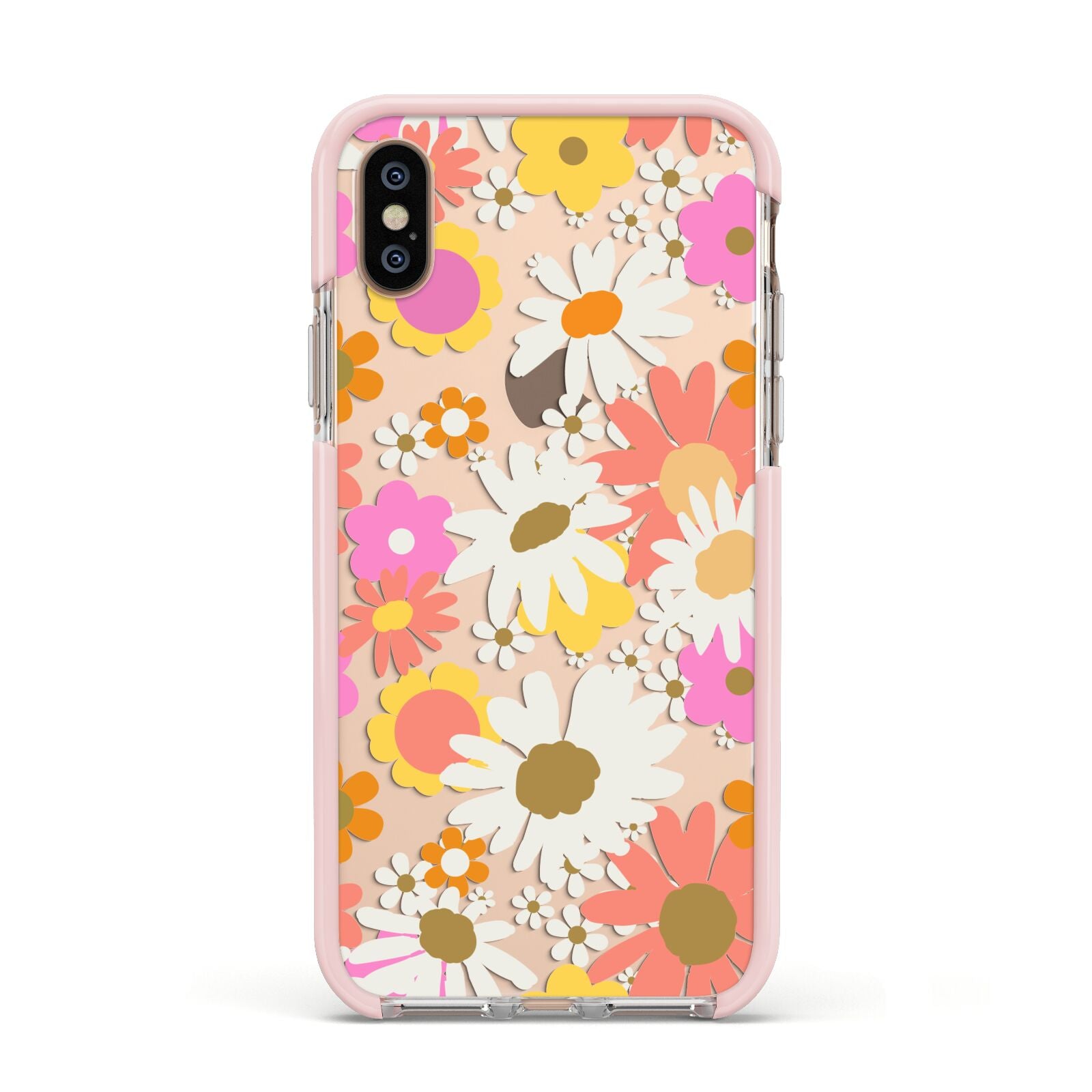 Seventies Floral Apple iPhone Xs Impact Case Pink Edge on Gold Phone