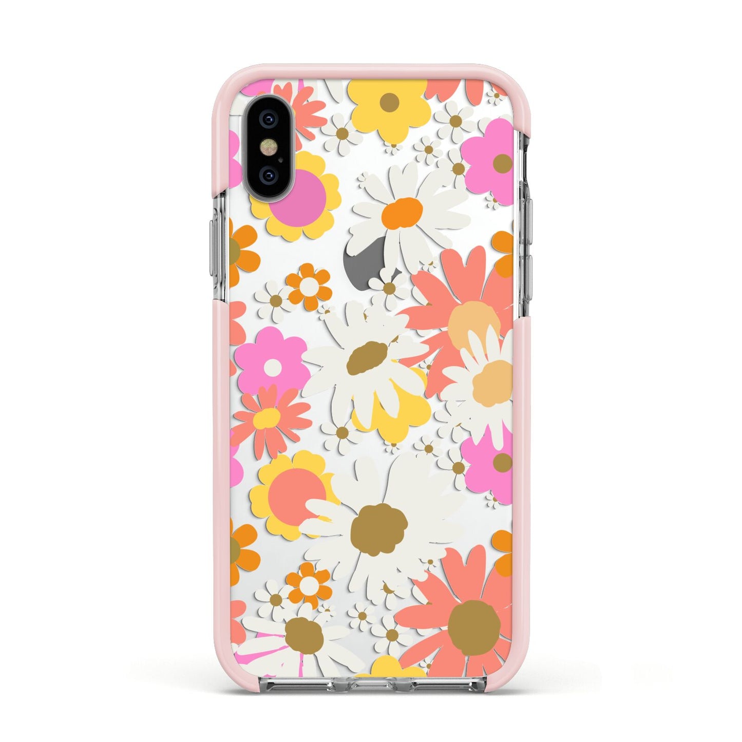 Seventies Floral Apple iPhone Xs Impact Case Pink Edge on Silver Phone