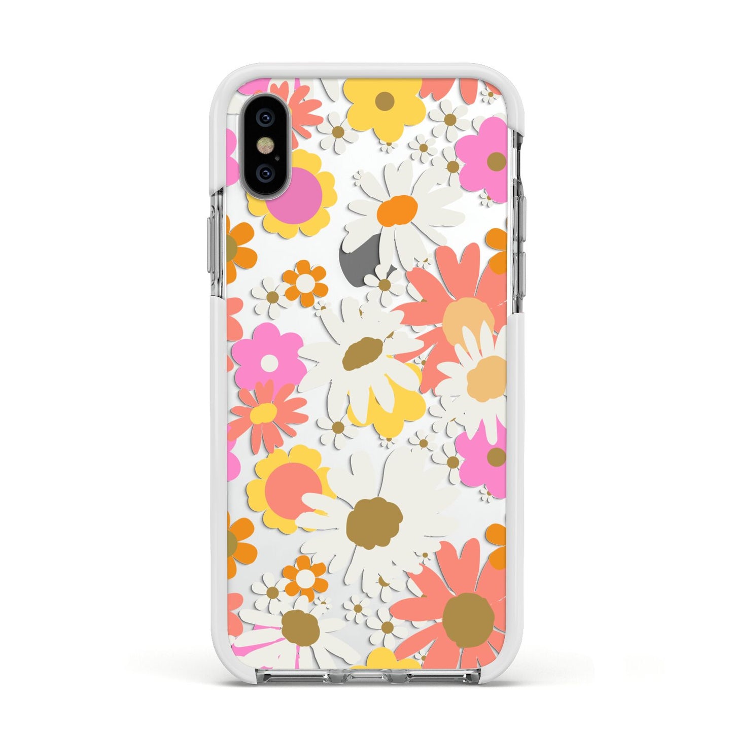 Seventies Floral Apple iPhone Xs Impact Case White Edge on Silver Phone