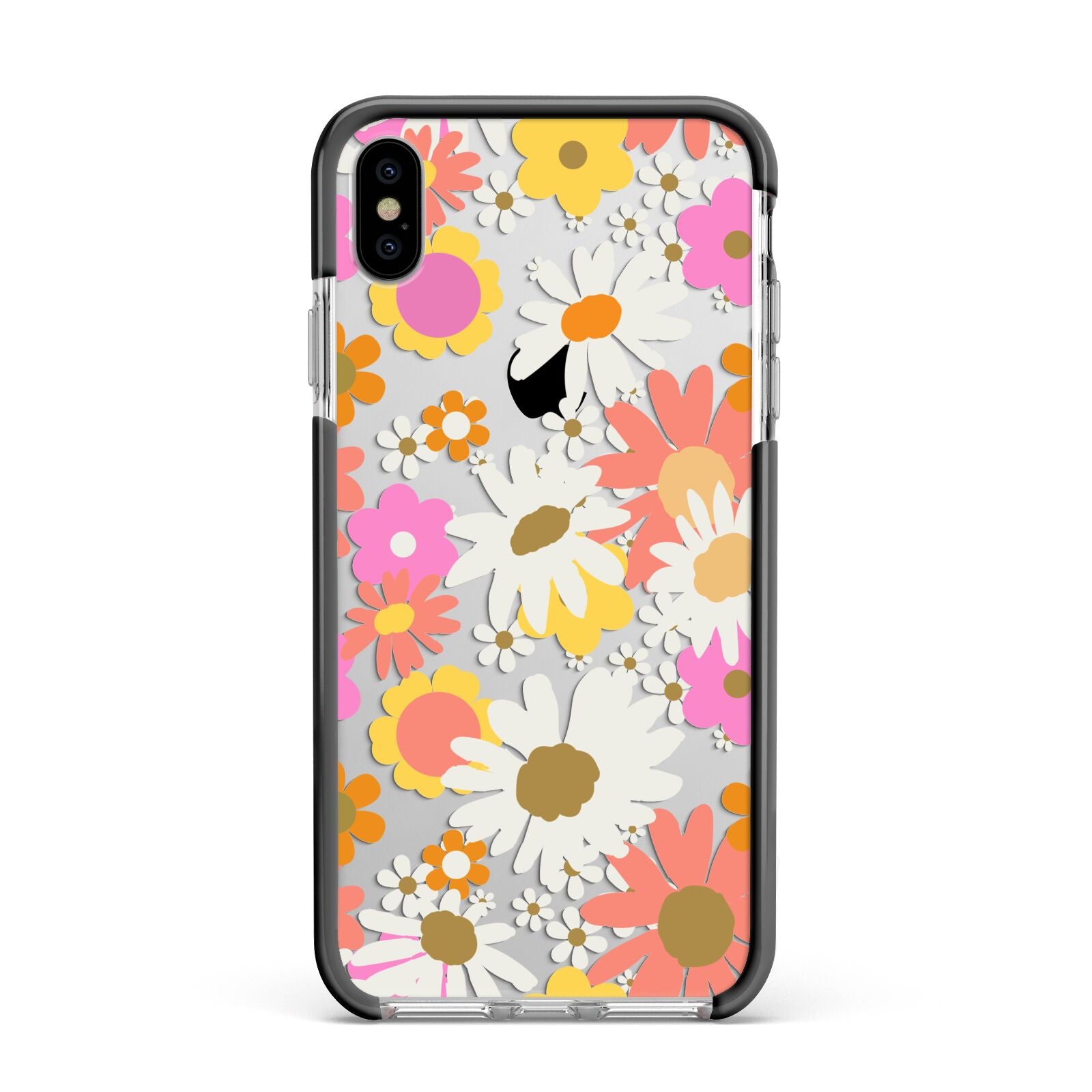 Seventies Floral Apple iPhone Xs Max Impact Case Black Edge on Silver Phone