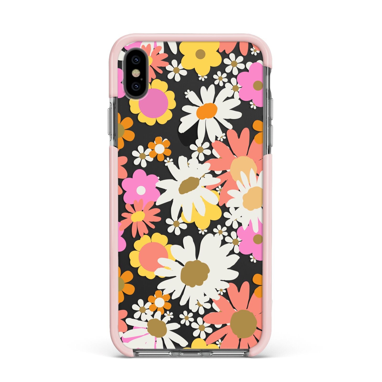 Seventies Floral Apple iPhone Xs Max Impact Case Pink Edge on Black Phone