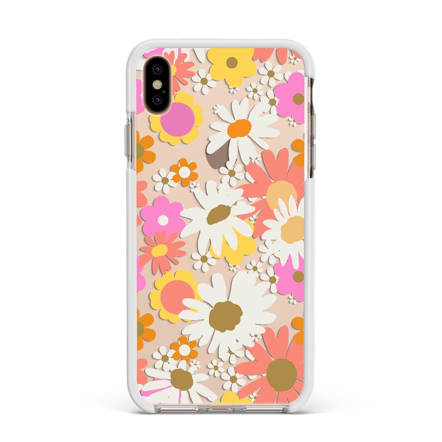 Seventies Floral Apple iPhone Xs Max Impact Case White Edge on Gold Phone