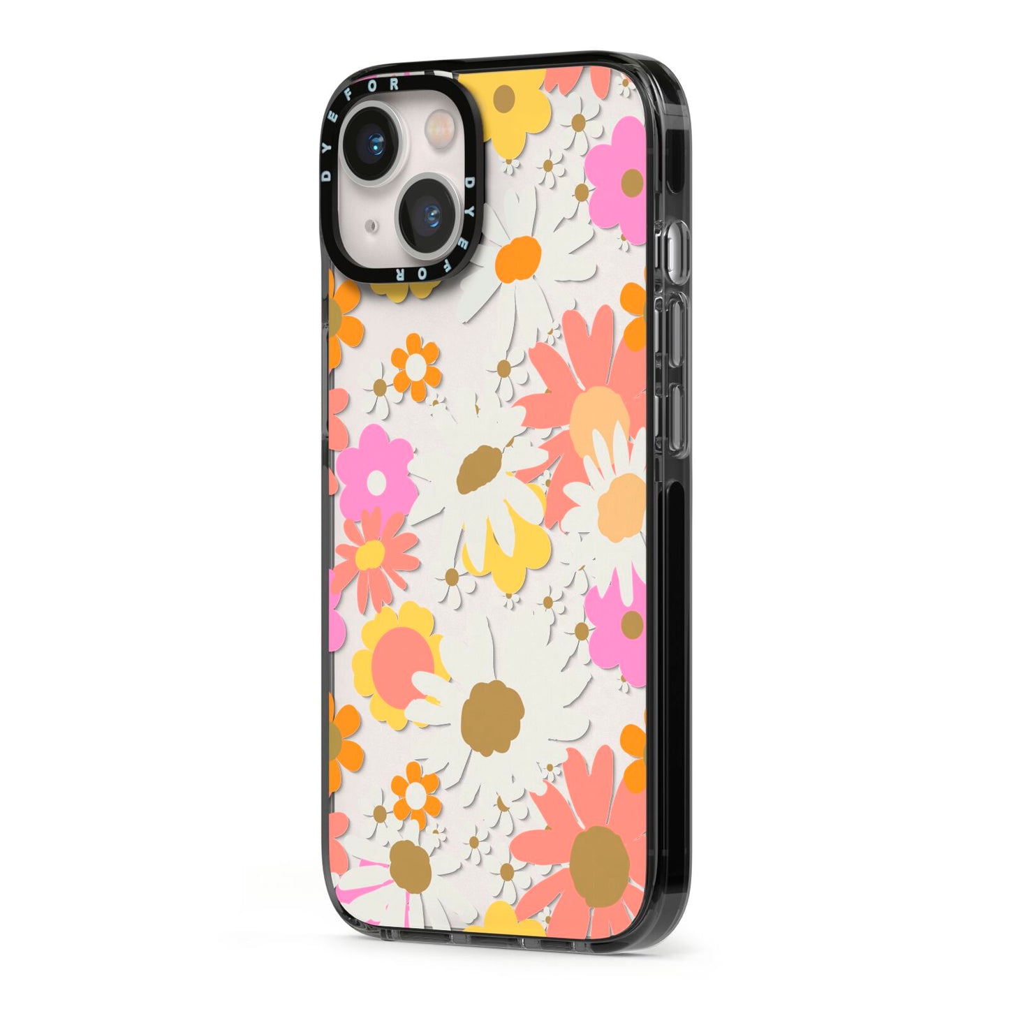 Seventies Floral iPhone 13 Black Impact Case Side Angle on Silver phone