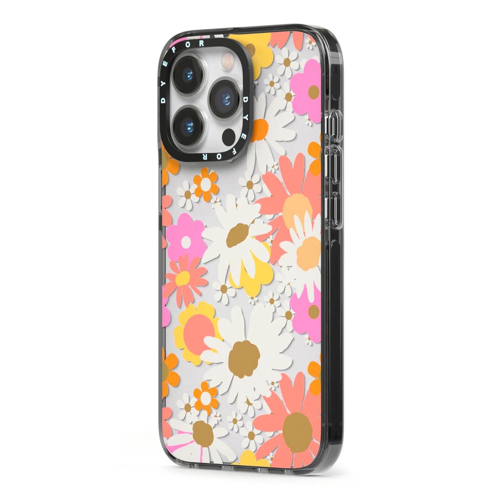 Seventies Floral iPhone 13 Pro Black Impact Case Side Angle on Silver phone