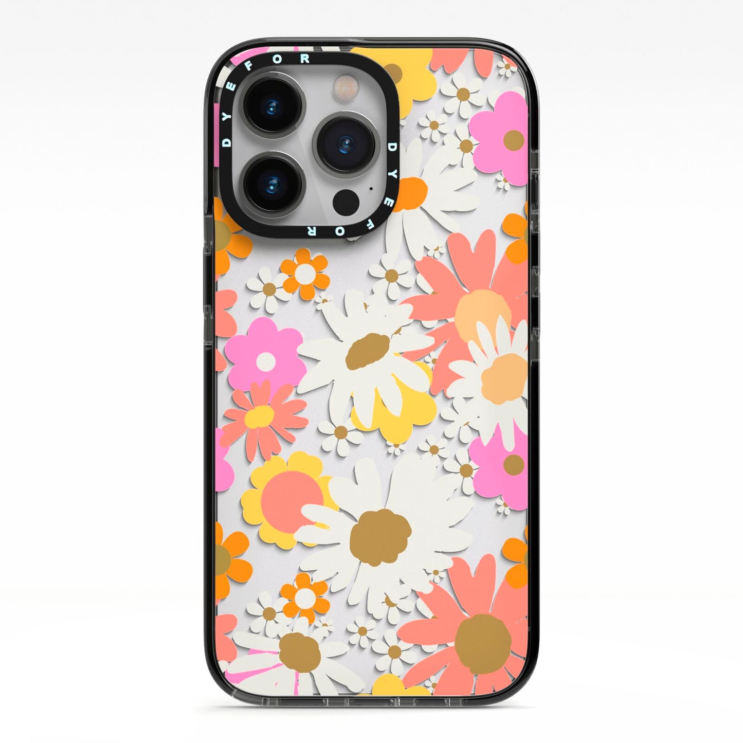 Seventies Floral iPhone 13 Pro Black Impact Case on Silver phone