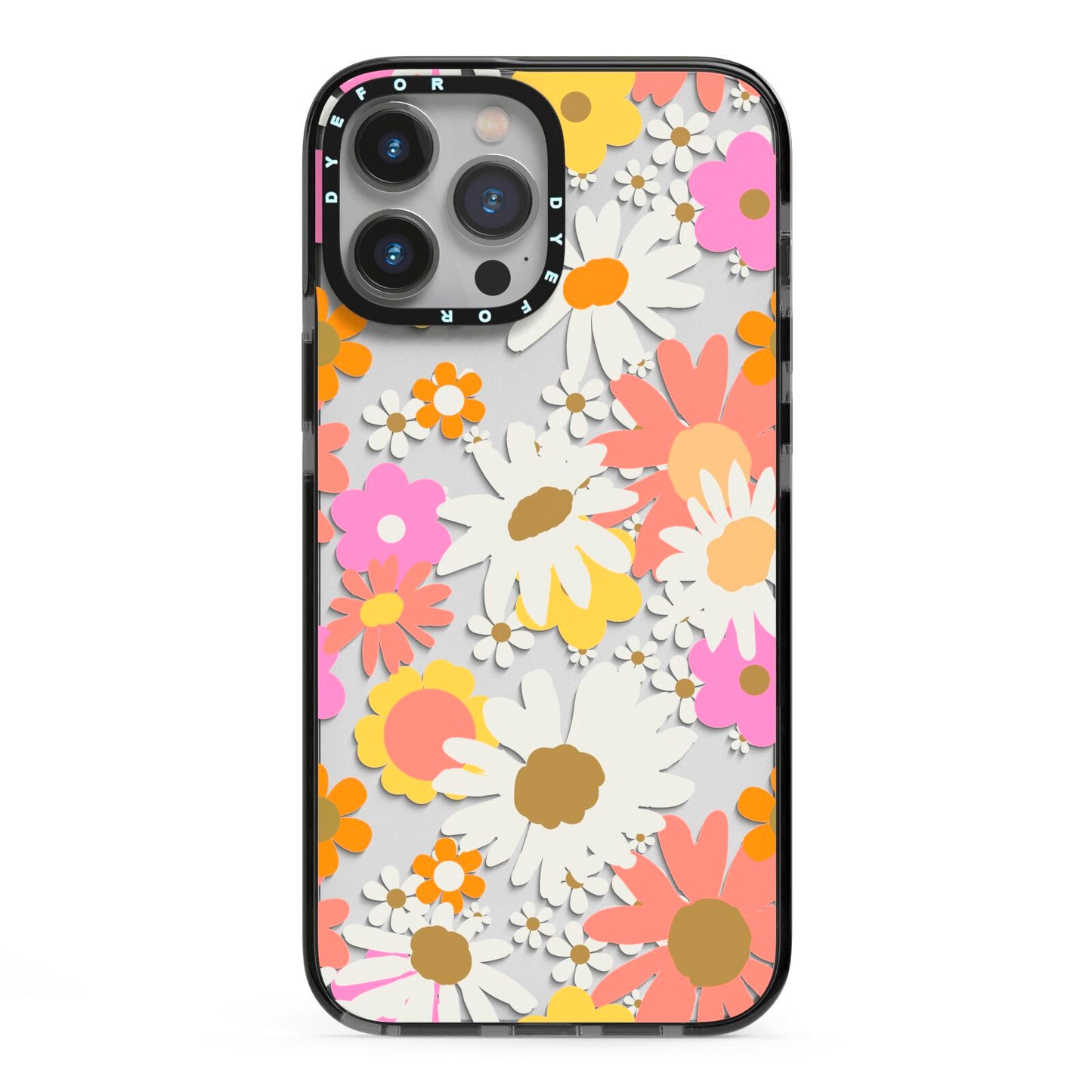 Seventies Floral iPhone 13 Pro Max Black Impact Case on Silver phone