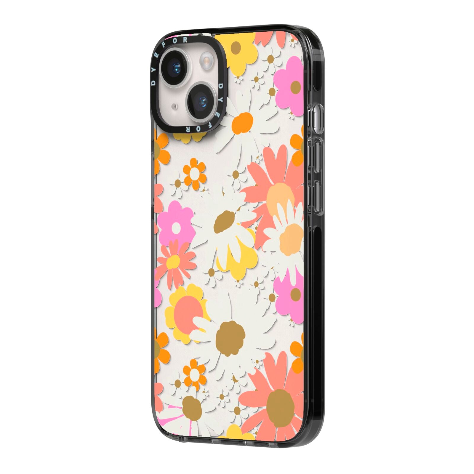 Seventies Floral iPhone 14 Black Impact Case Side Angle on Silver phone
