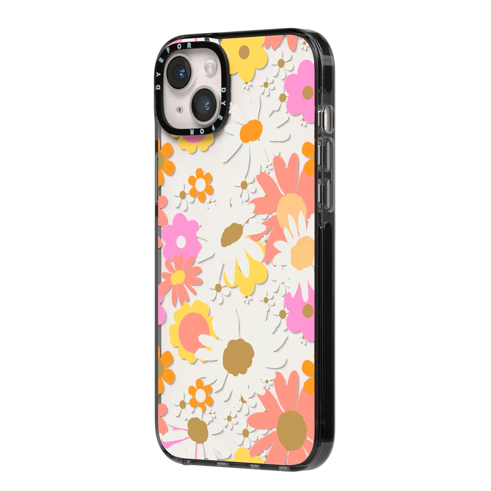 Seventies Floral iPhone 14 Plus Black Impact Case Side Angle on Silver phone