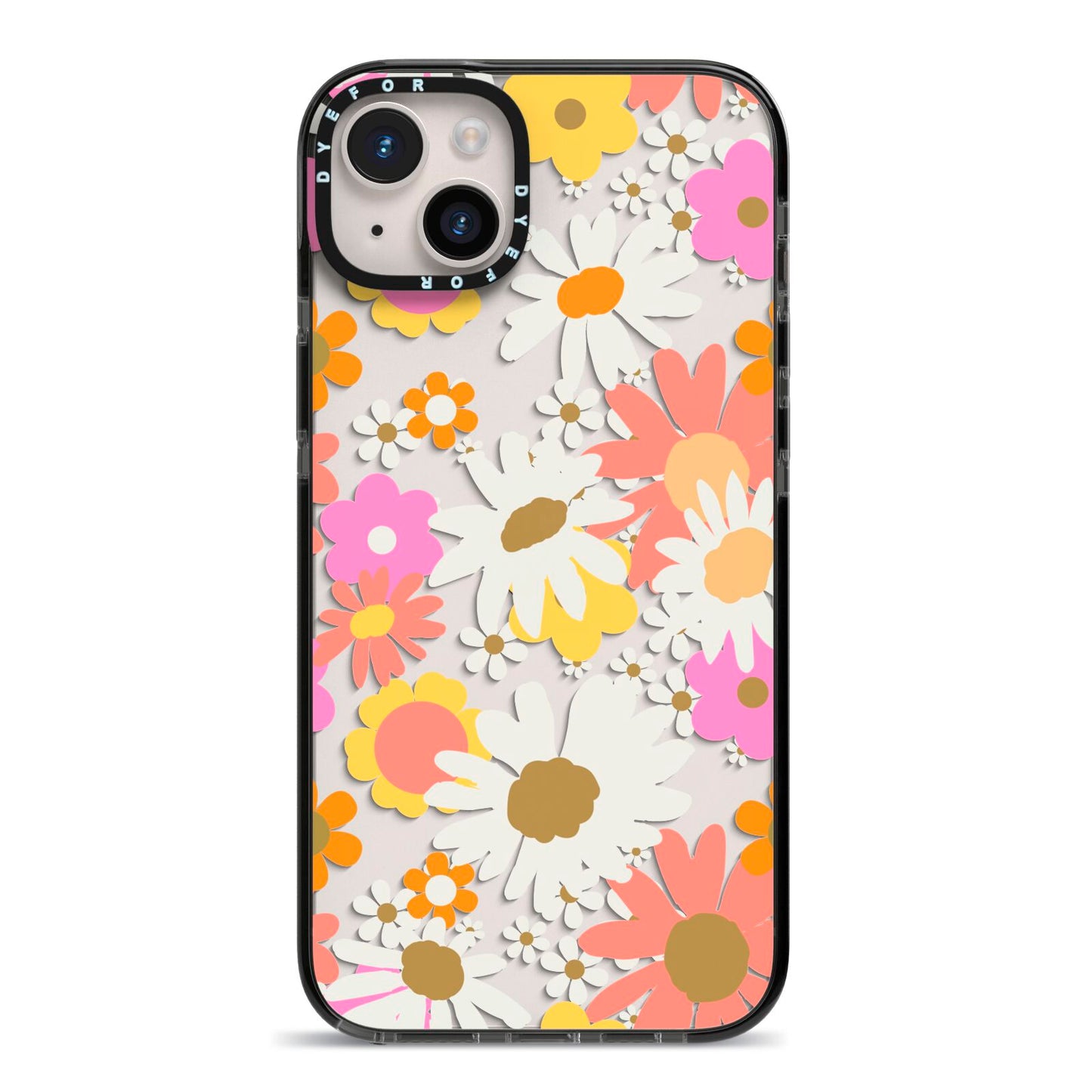 Seventies Floral iPhone 14 Plus Black Impact Case on Silver phone