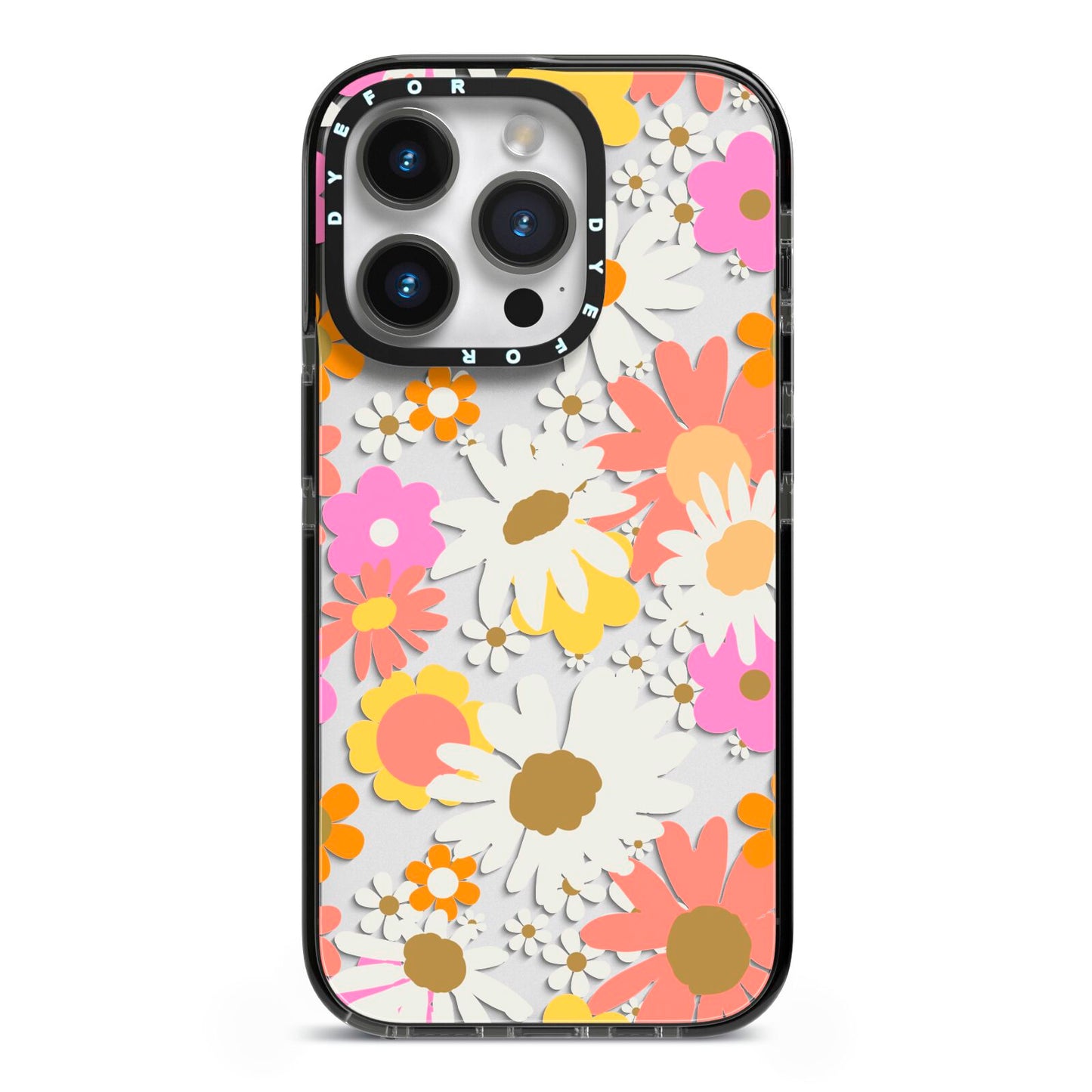Seventies Floral iPhone 14 Pro Black Impact Case on Silver phone