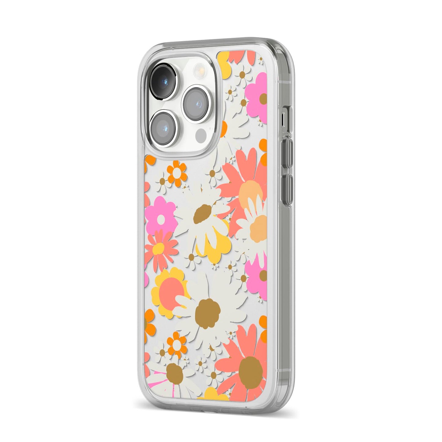 Seventies Floral iPhone 14 Pro Clear Tough Case Silver Angled Image