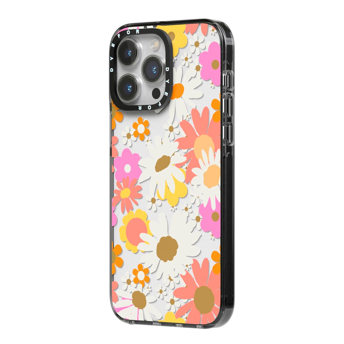 Seventies Floral iPhone 14 Pro Max Black Impact Case Side Angle on Silver phone