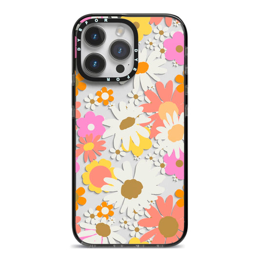 Seventies Floral iPhone 14 Pro Max Black Impact Case on Silver phone