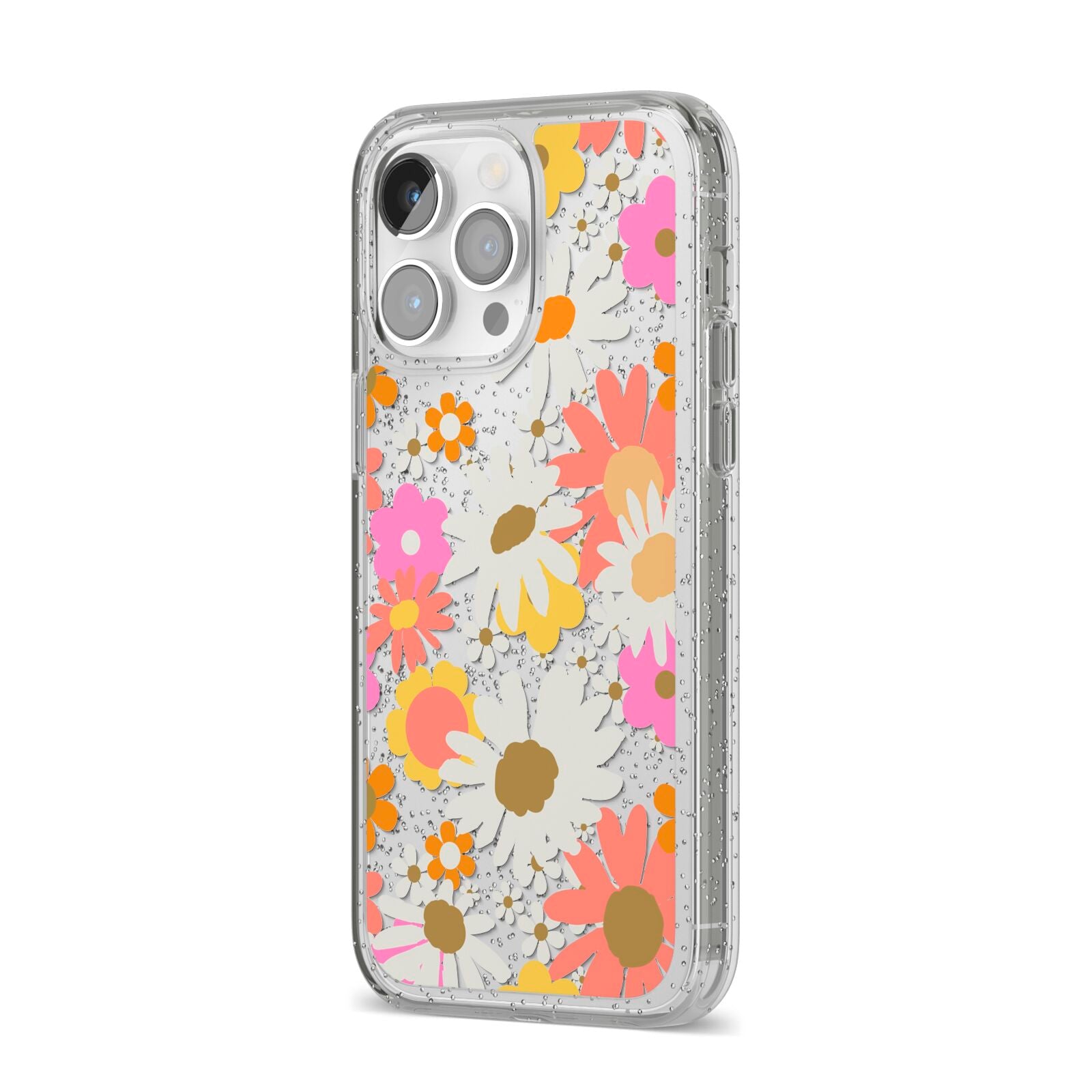 Seventies Floral iPhone 14 Pro Max Glitter Tough Case Silver Angled Image