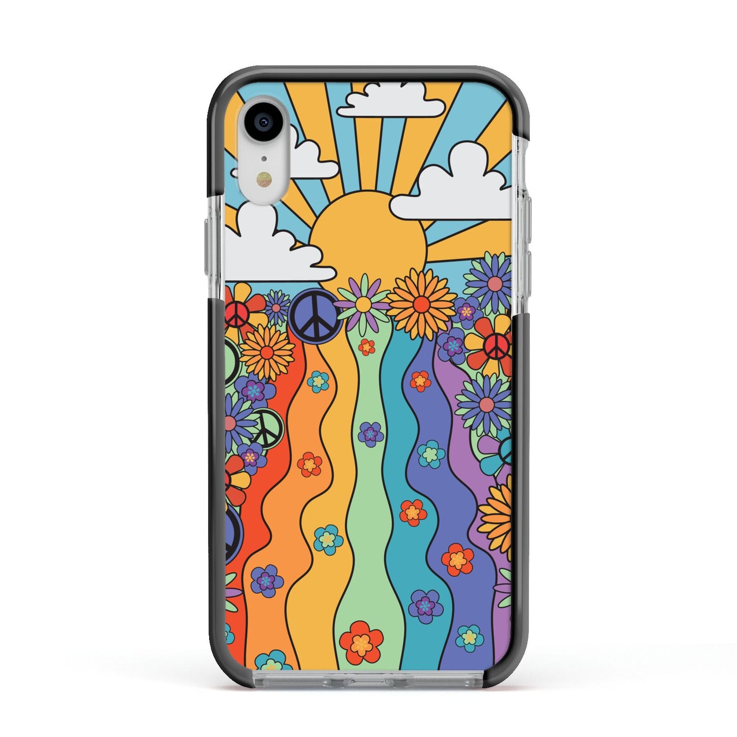 Seventies Groovy Retro Apple iPhone XR Impact Case Black Edge on Silver Phone