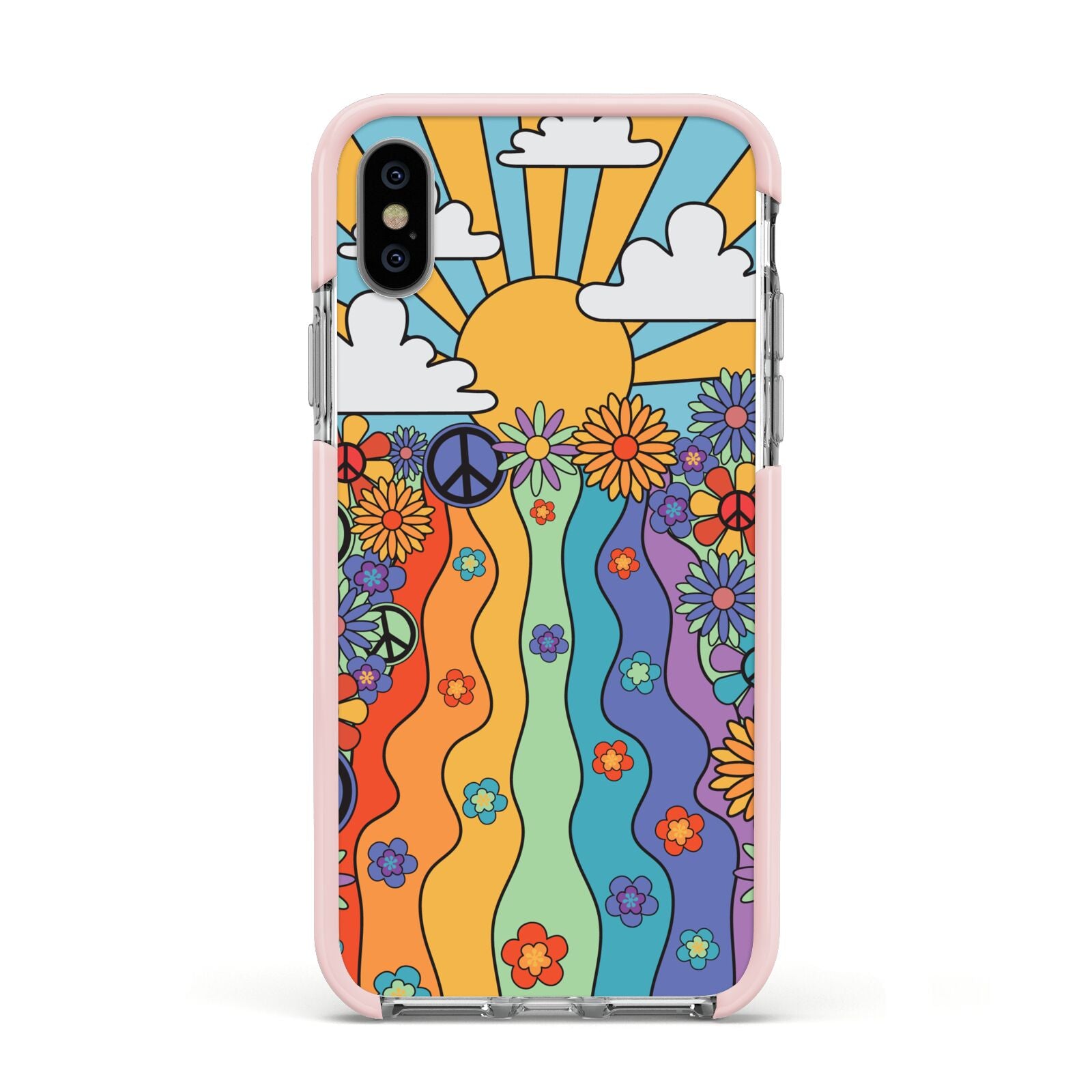 Seventies Groovy Retro Apple iPhone Xs Impact Case Pink Edge on Silver Phone