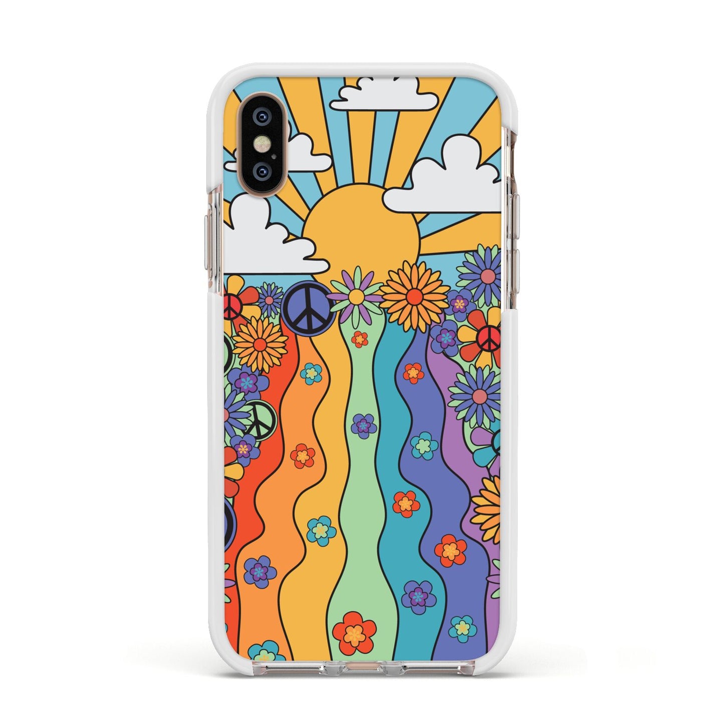 Seventies Groovy Retro Apple iPhone Xs Impact Case White Edge on Gold Phone