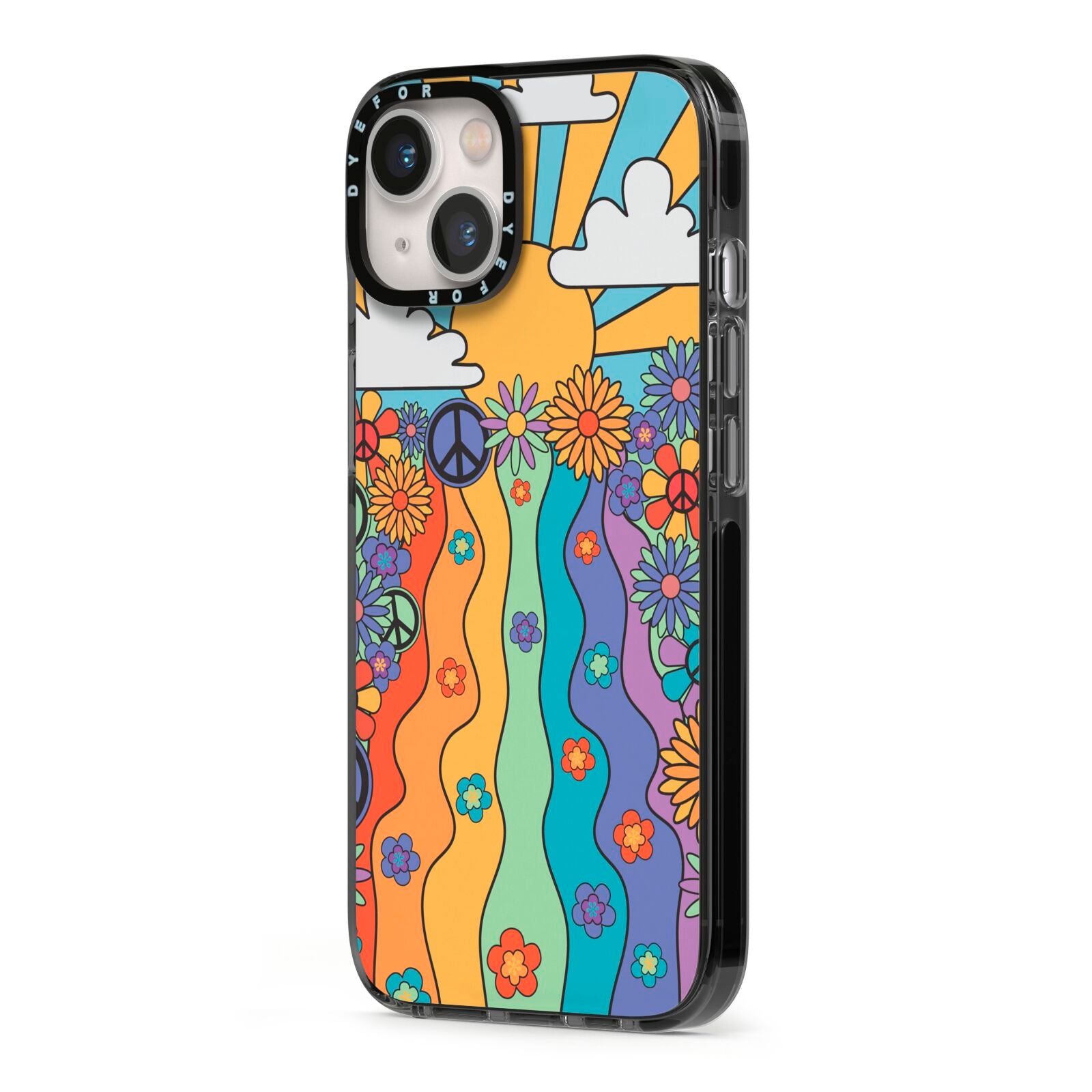 Seventies Groovy Retro iPhone 13 Black Impact Case Side Angle on Silver phone