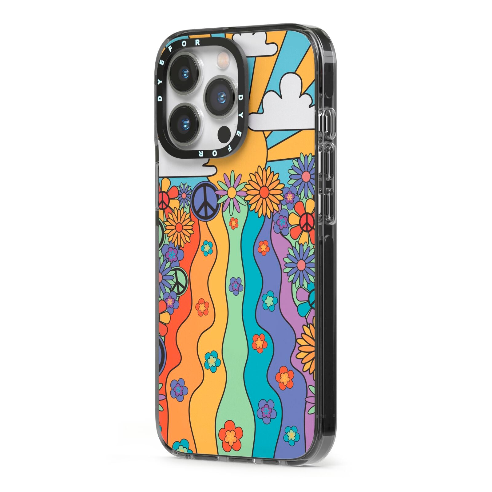 Seventies Groovy Retro iPhone 13 Pro Black Impact Case Side Angle on Silver phone
