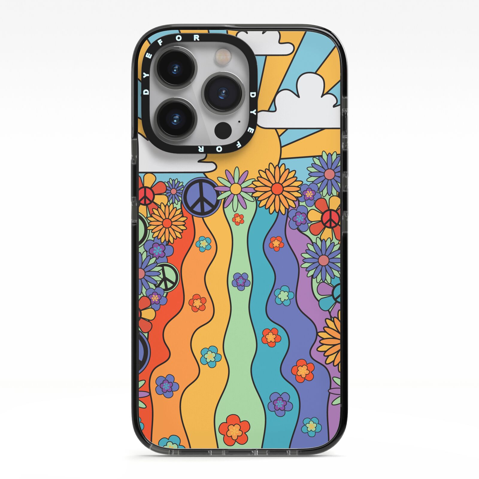 Seventies Groovy Retro iPhone 13 Pro Black Impact Case on Silver phone