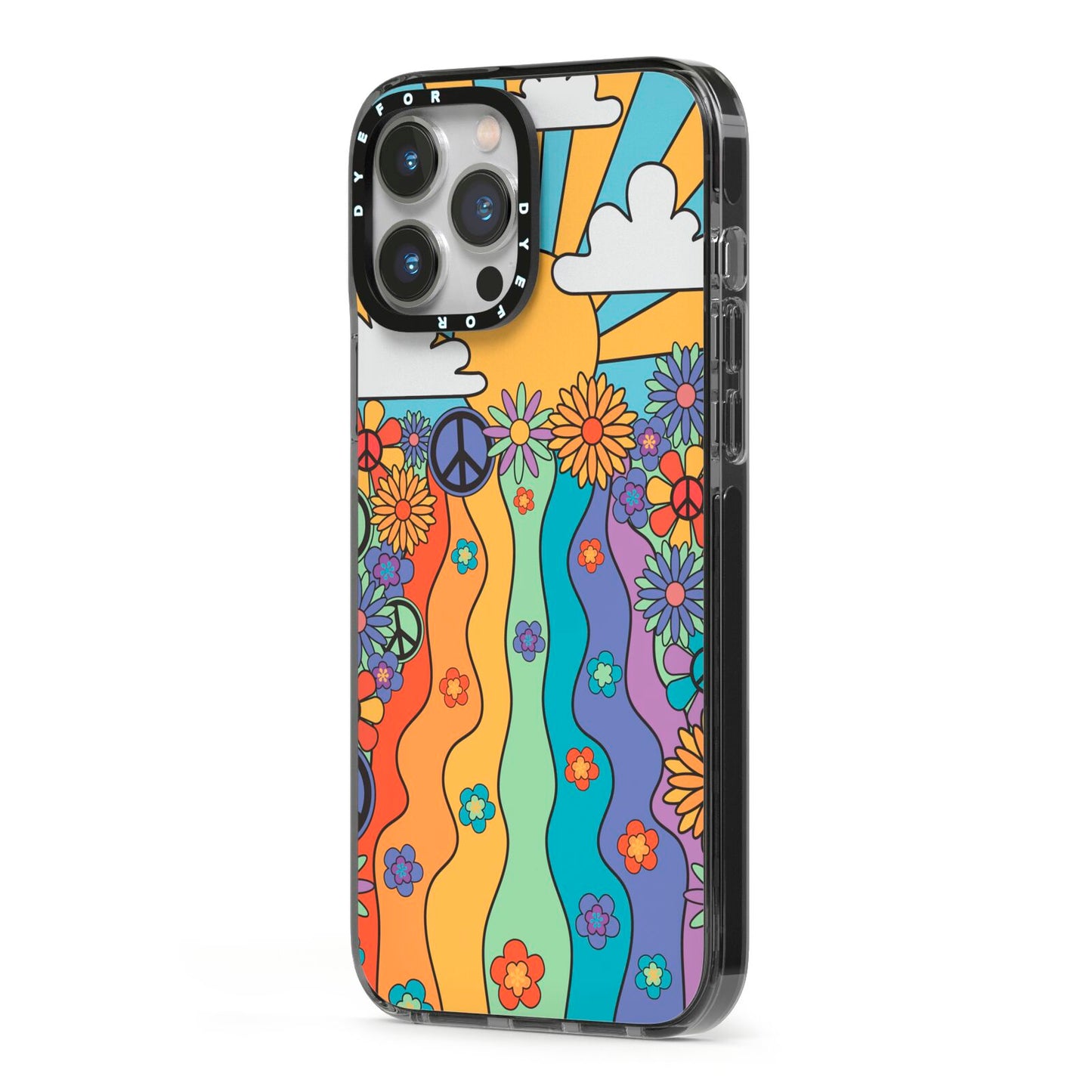 Seventies Groovy Retro iPhone 13 Pro Max Black Impact Case Side Angle on Silver phone