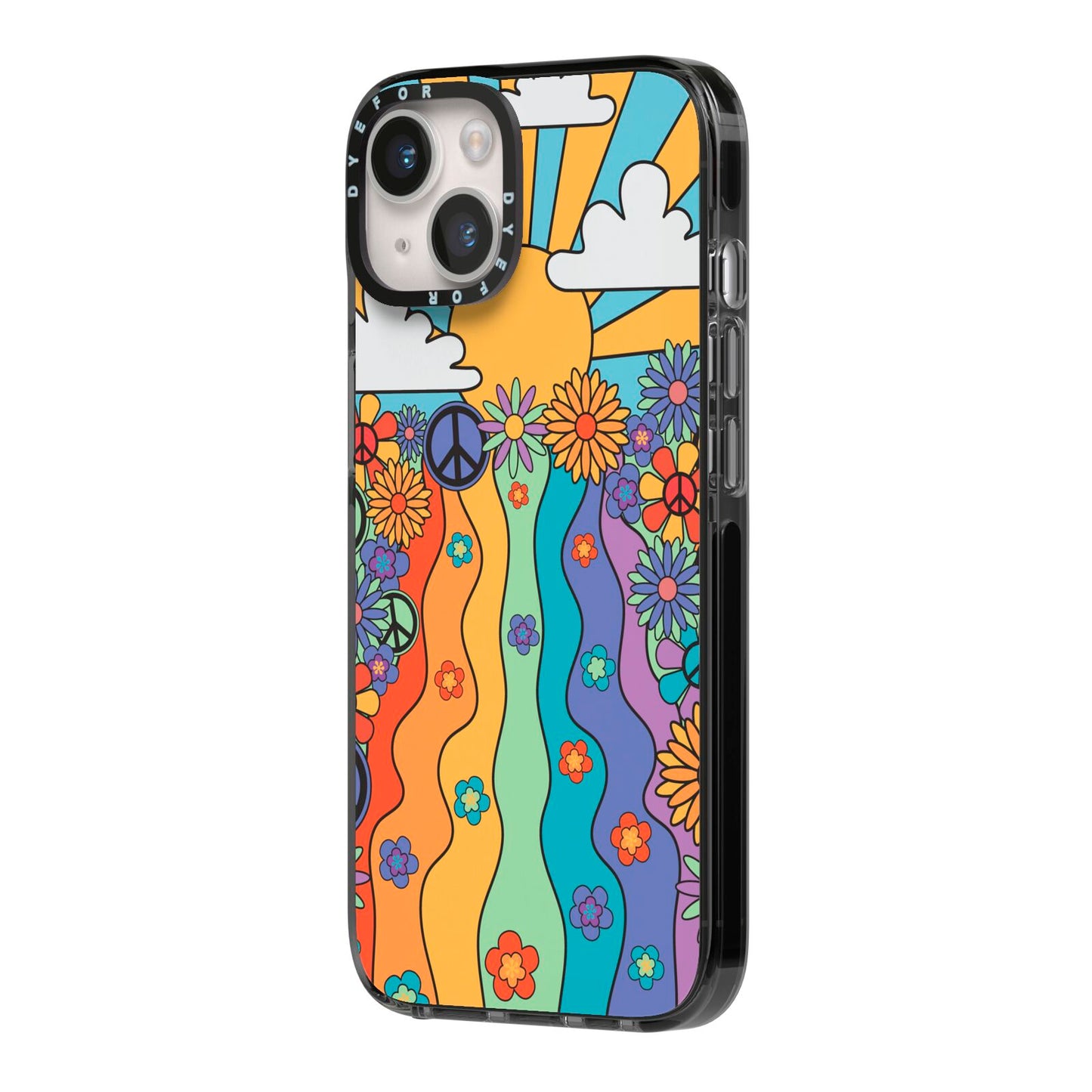 Seventies Groovy Retro iPhone 14 Black Impact Case Side Angle on Silver phone