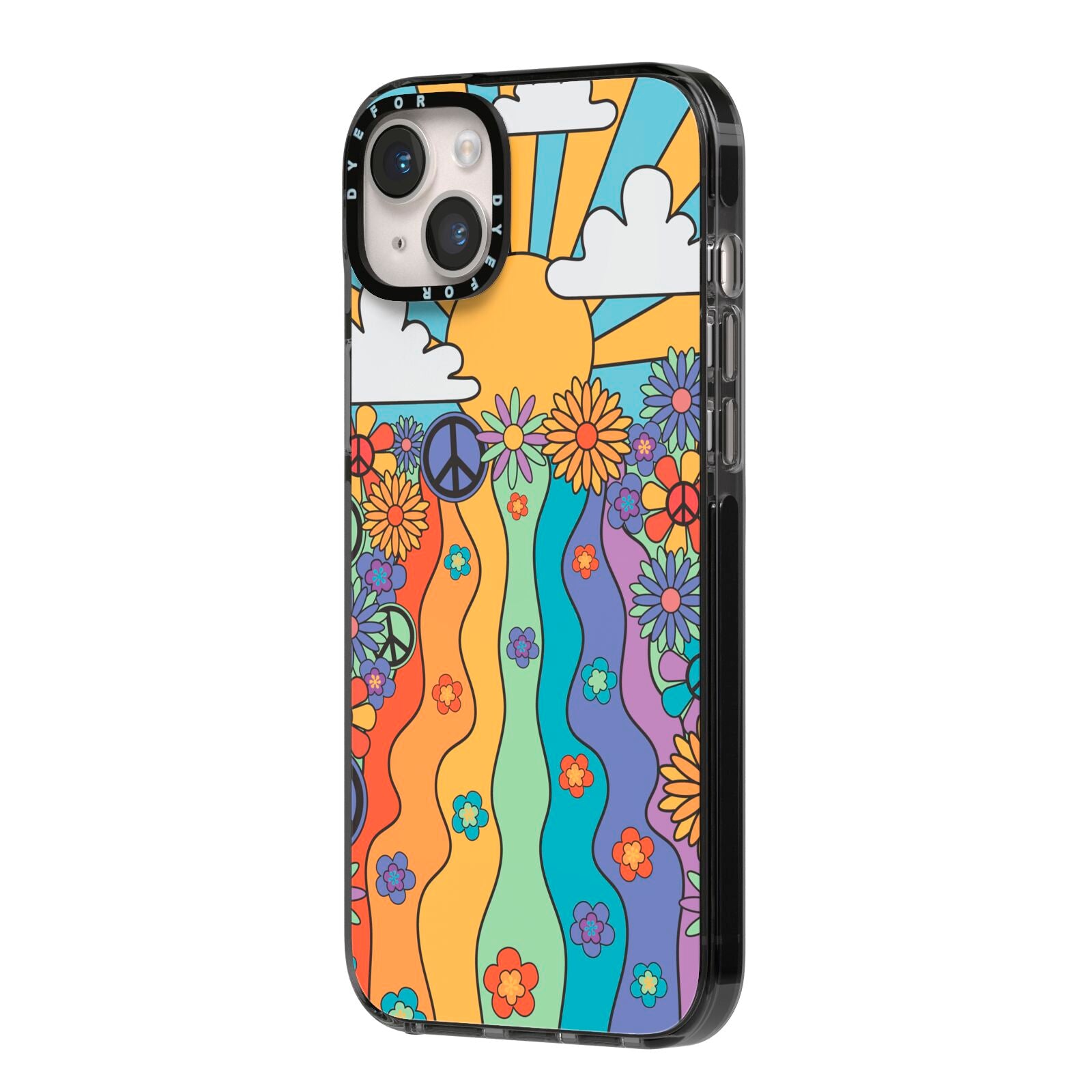 Seventies Groovy Retro iPhone 14 Plus Black Impact Case Side Angle on Silver phone