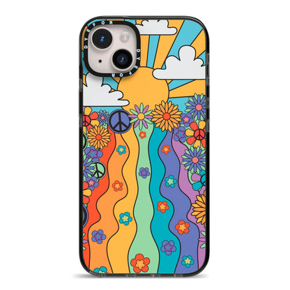 Seventies Groovy Retro iPhone 14 Plus Black Impact Case on Silver phone