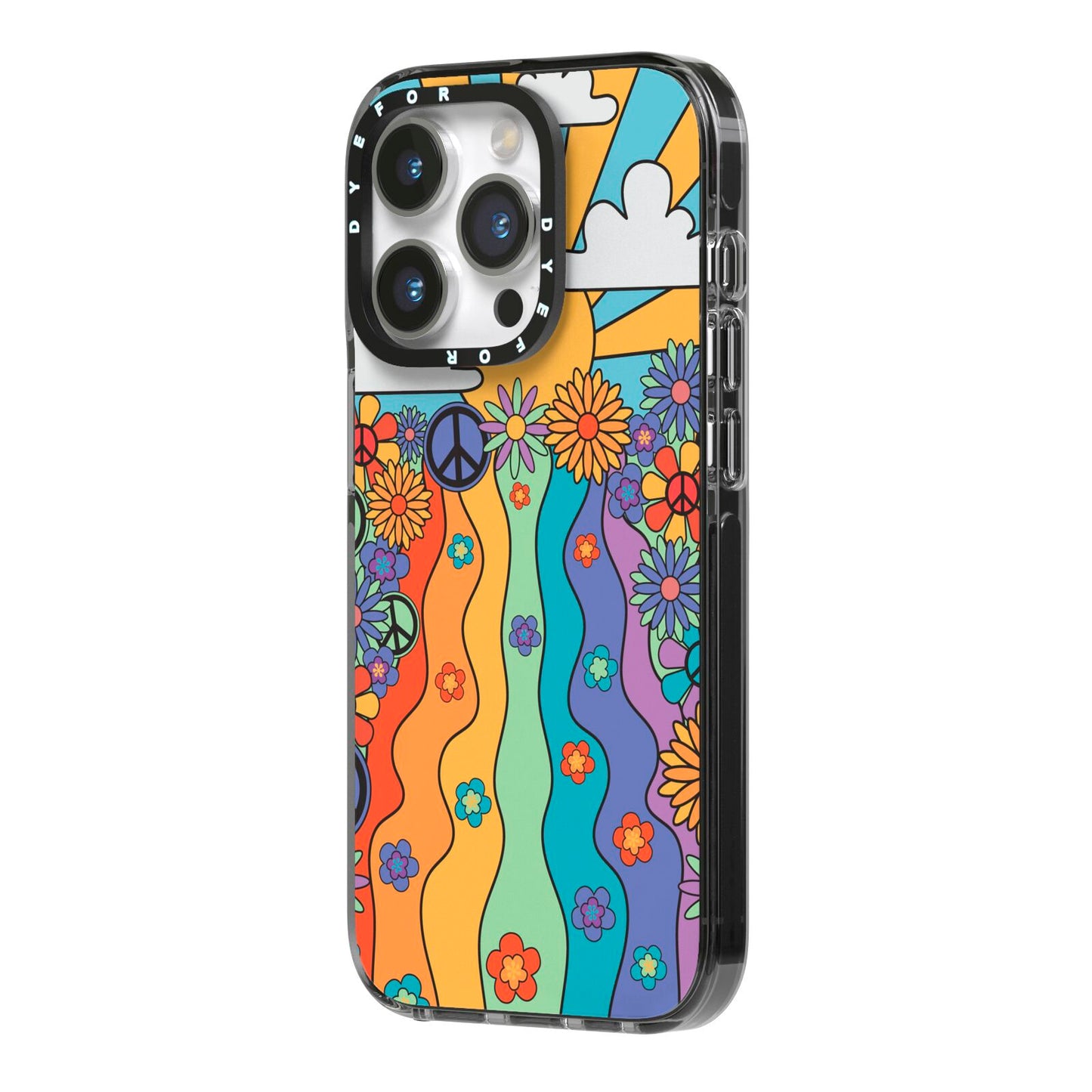 Seventies Groovy Retro iPhone 14 Pro Black Impact Case Side Angle on Silver phone
