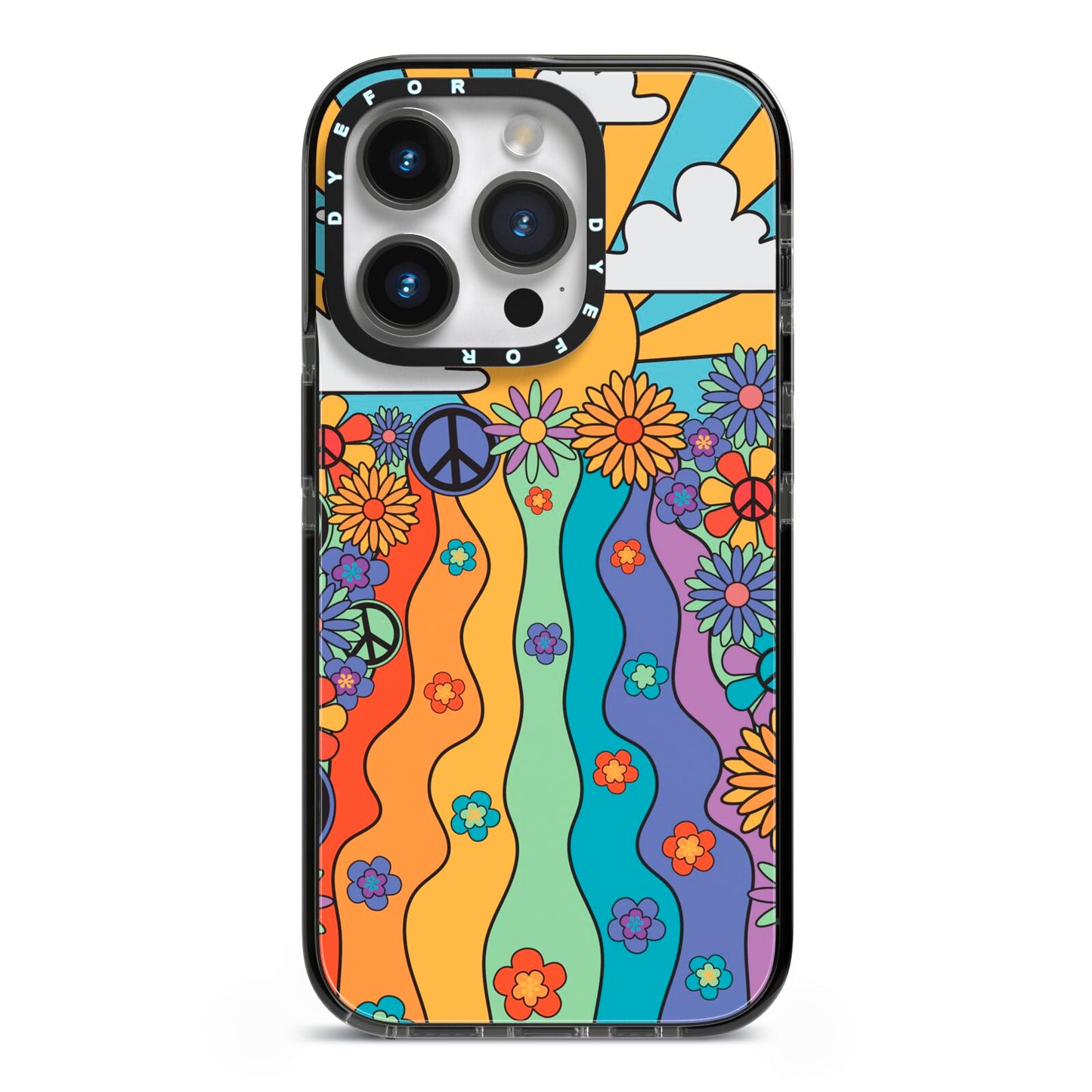 Seventies Groovy Retro iPhone 14 Pro Black Impact Case on Silver phone