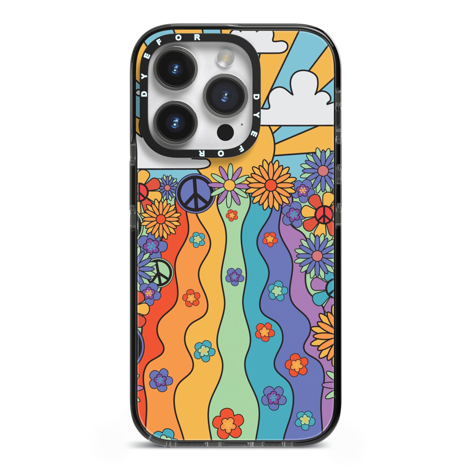 Seventies Groovy Retro iPhone 14 Pro Black Impact Case on Silver phone