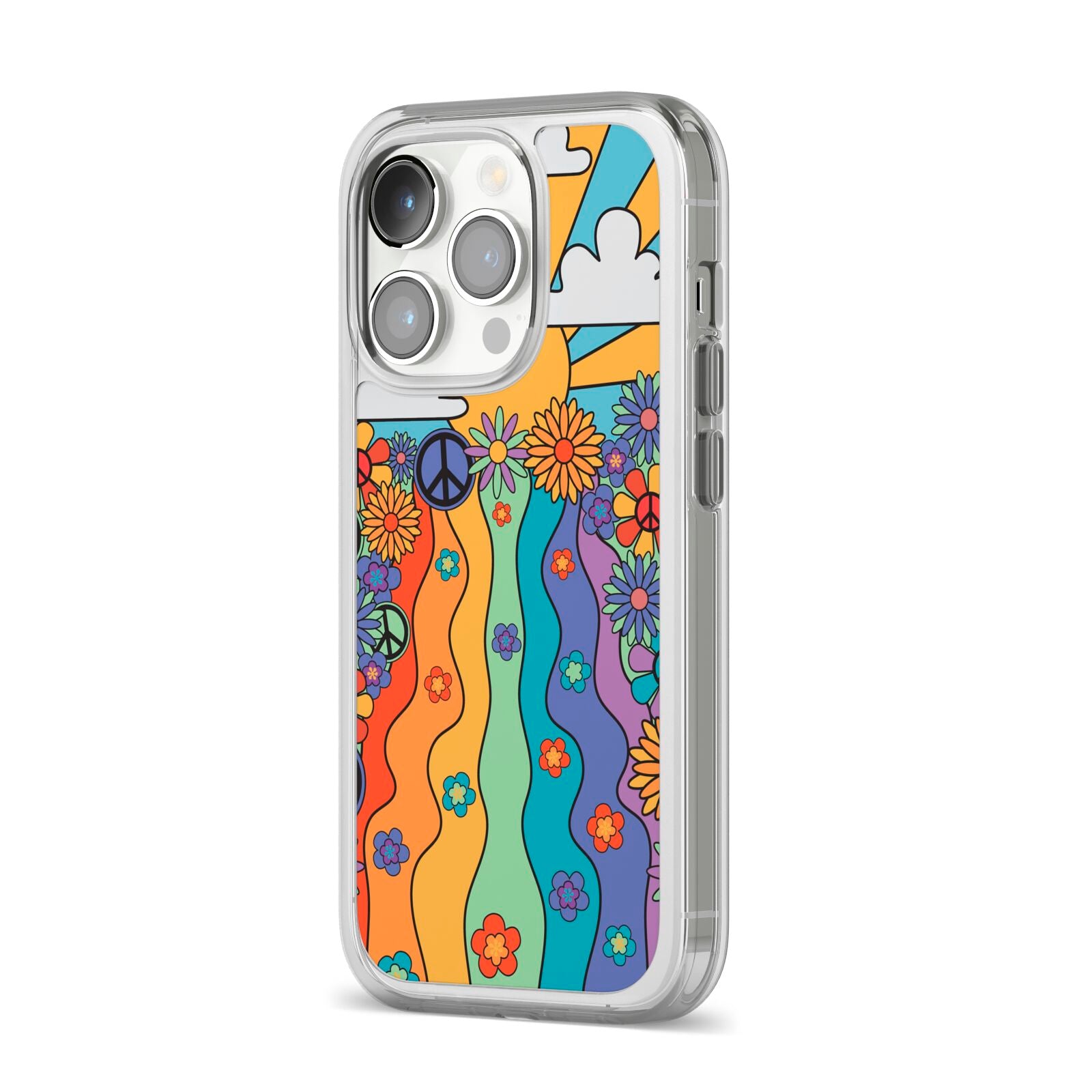 Seventies Groovy Retro iPhone 14 Pro Clear Tough Case Silver Angled Image