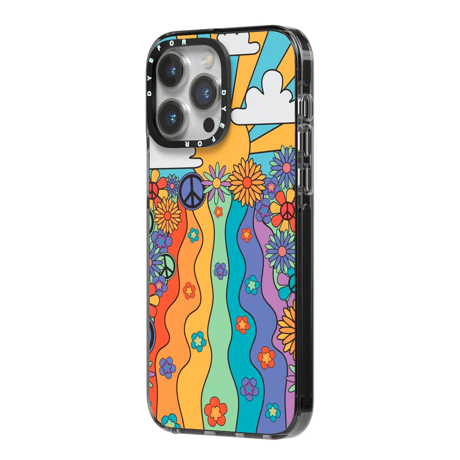 Seventies Groovy Retro iPhone 14 Pro Max Black Impact Case Side Angle on Silver phone