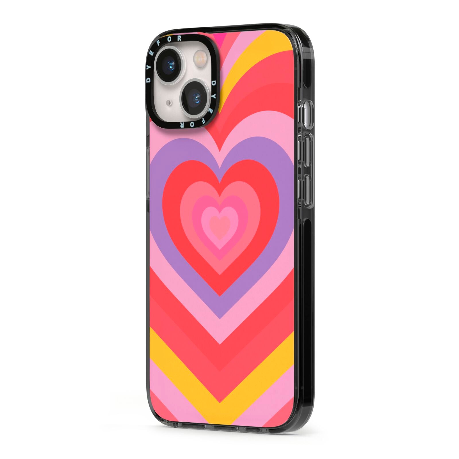 Seventies Heart iPhone 13 Black Impact Case Side Angle on Silver phone