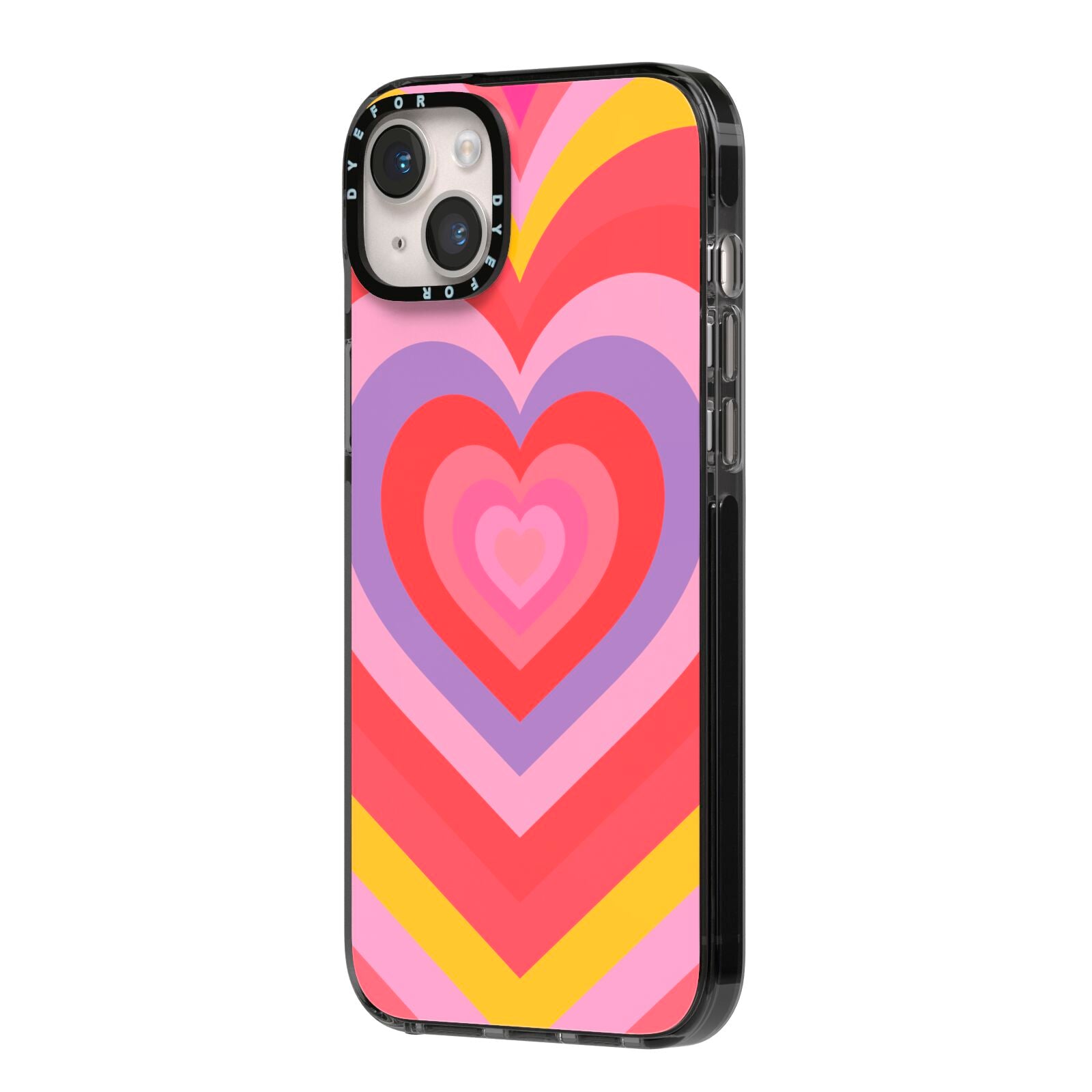Seventies Heart iPhone 14 Plus Black Impact Case Side Angle on Silver phone
