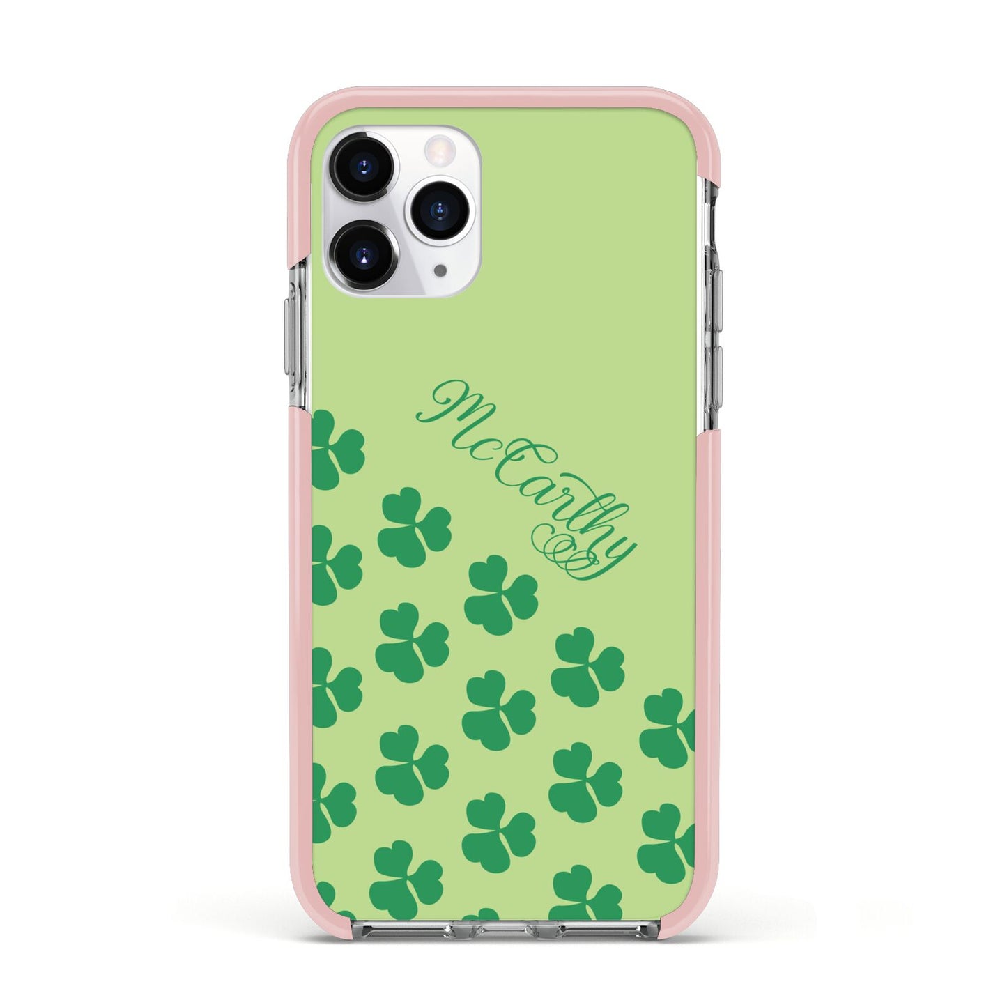 Shamrock Custom Name Apple iPhone 11 Pro in Silver with Pink Impact Case