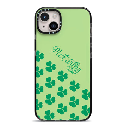 Shamrock Custom Name iPhone 14 Plus Black Impact Case on Silver phone
