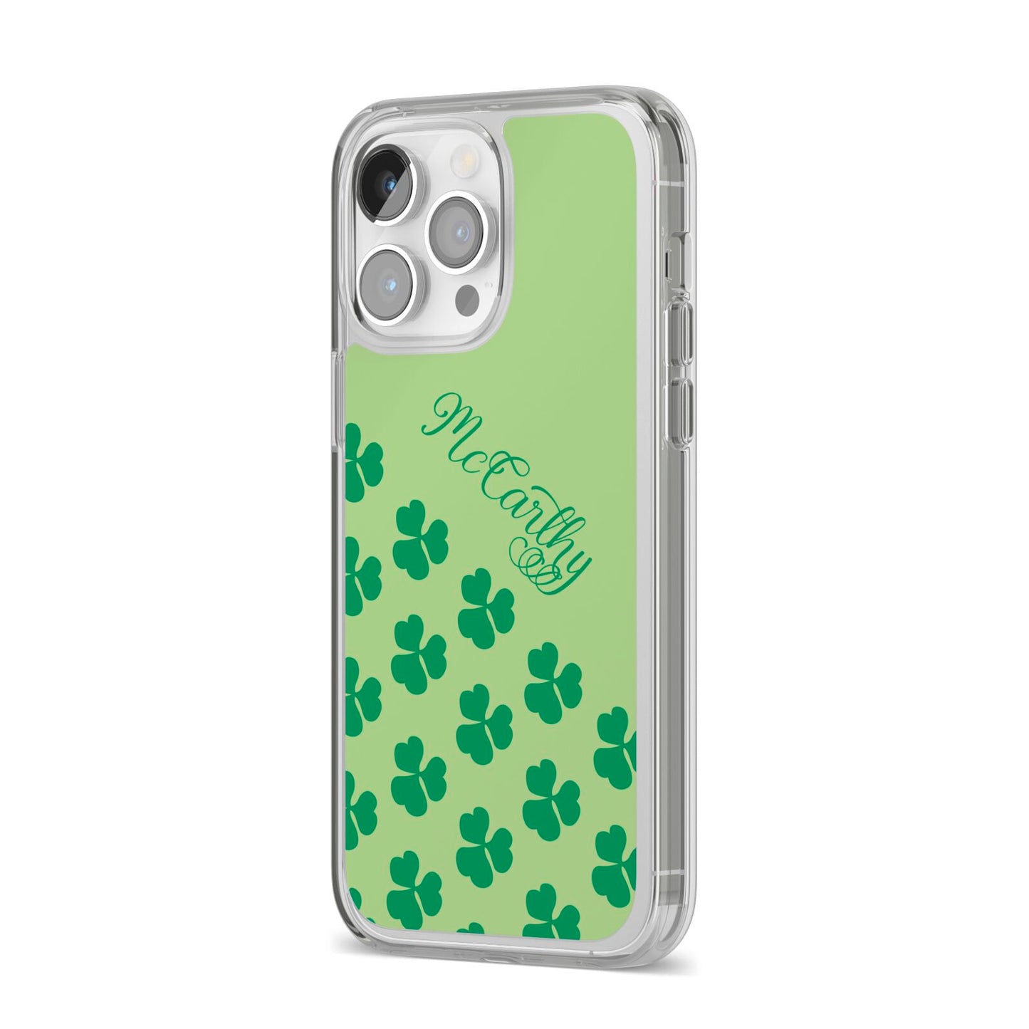 Shamrock Custom Name iPhone 14 Pro Max Clear Tough Case Silver Angled Image