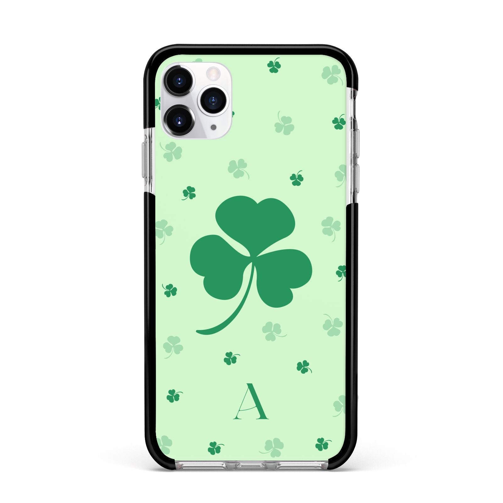 Shamrock Initial Personalised Apple iPhone 11 Pro Max in Silver with Black Impact Case