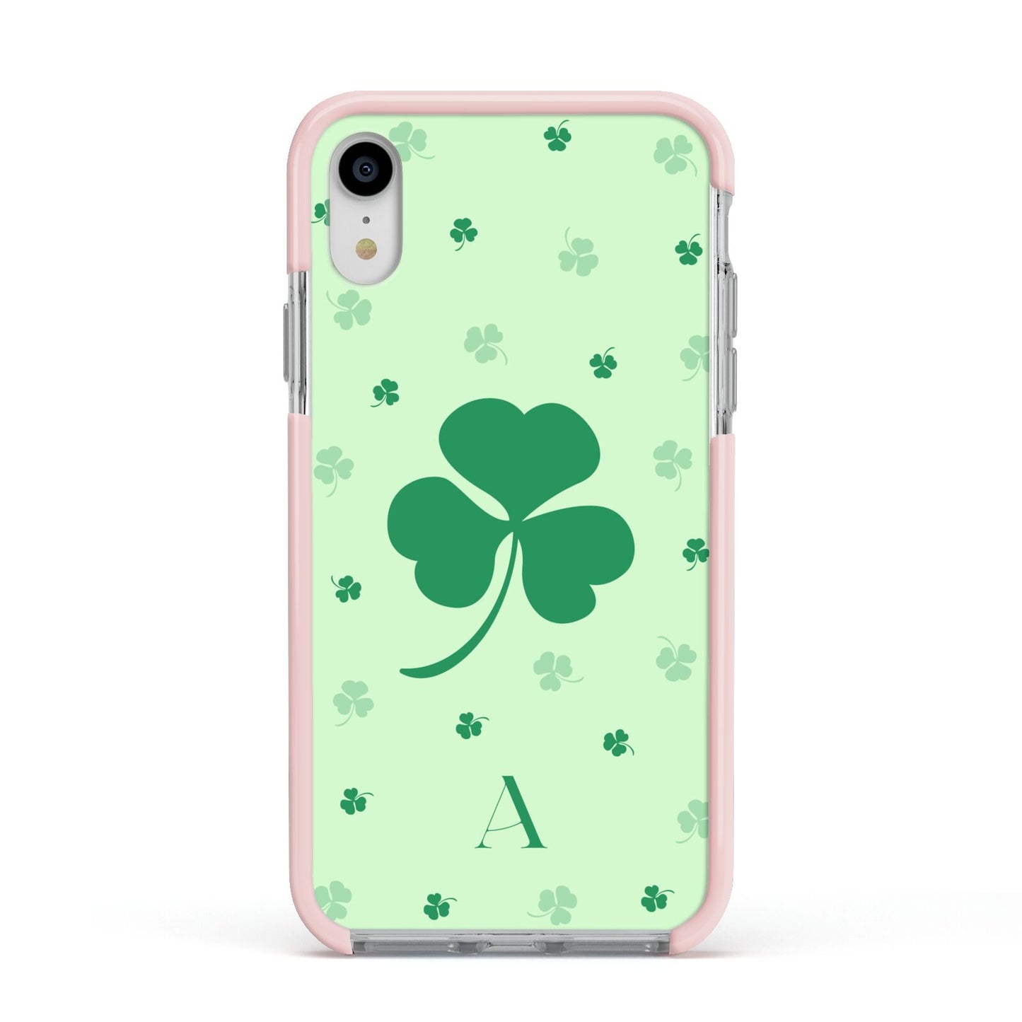 Shamrock Initial Personalised Apple iPhone XR Impact Case Pink Edge on Silver Phone