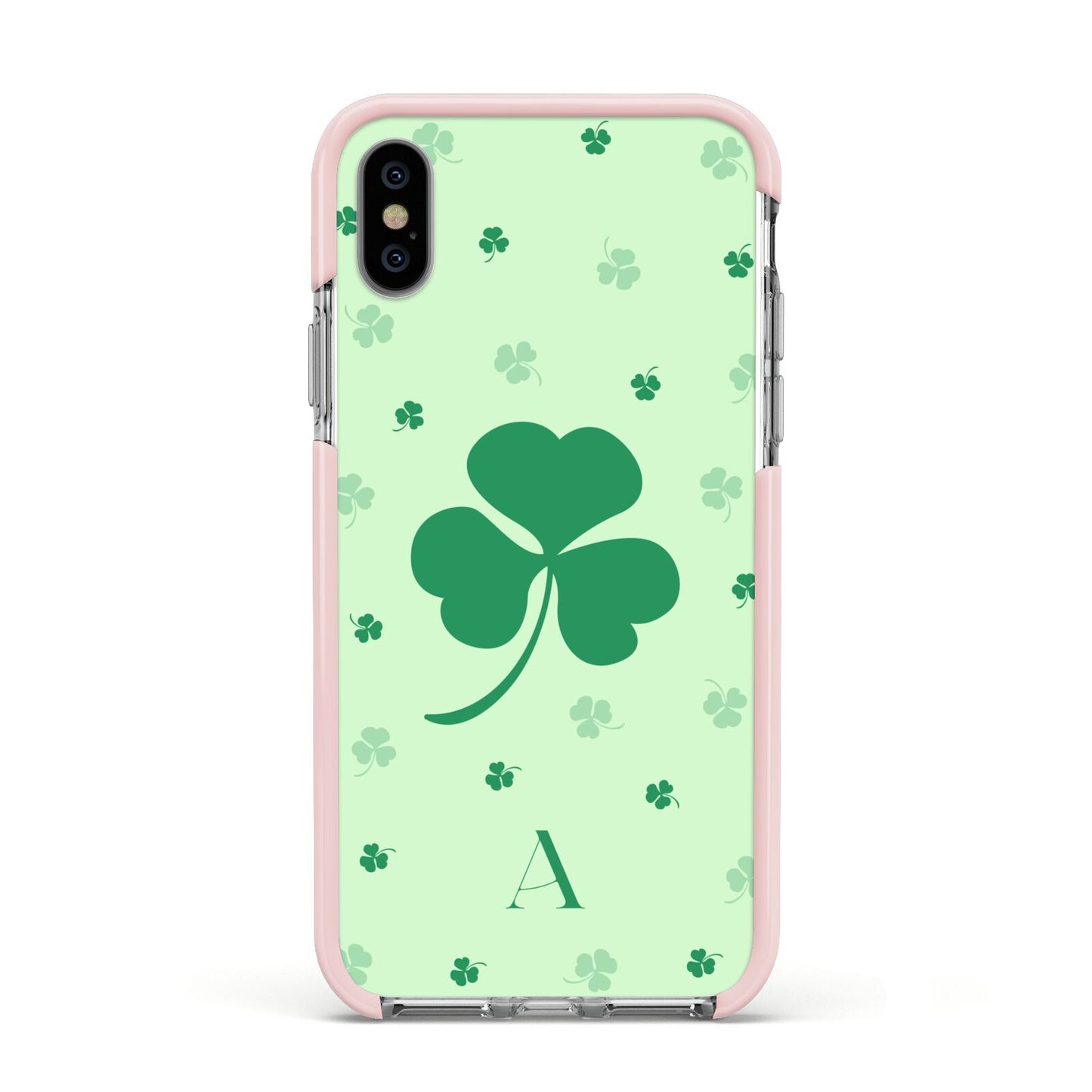 Shamrock Initial Personalised Apple iPhone Xs Impact Case Pink Edge on Silver Phone