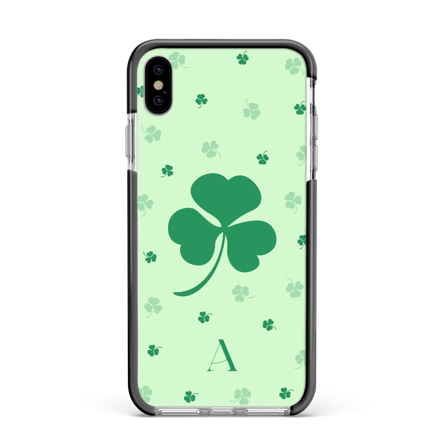 Shamrock Initial Personalised Apple iPhone Xs Max Impact Case Black Edge on Silver Phone