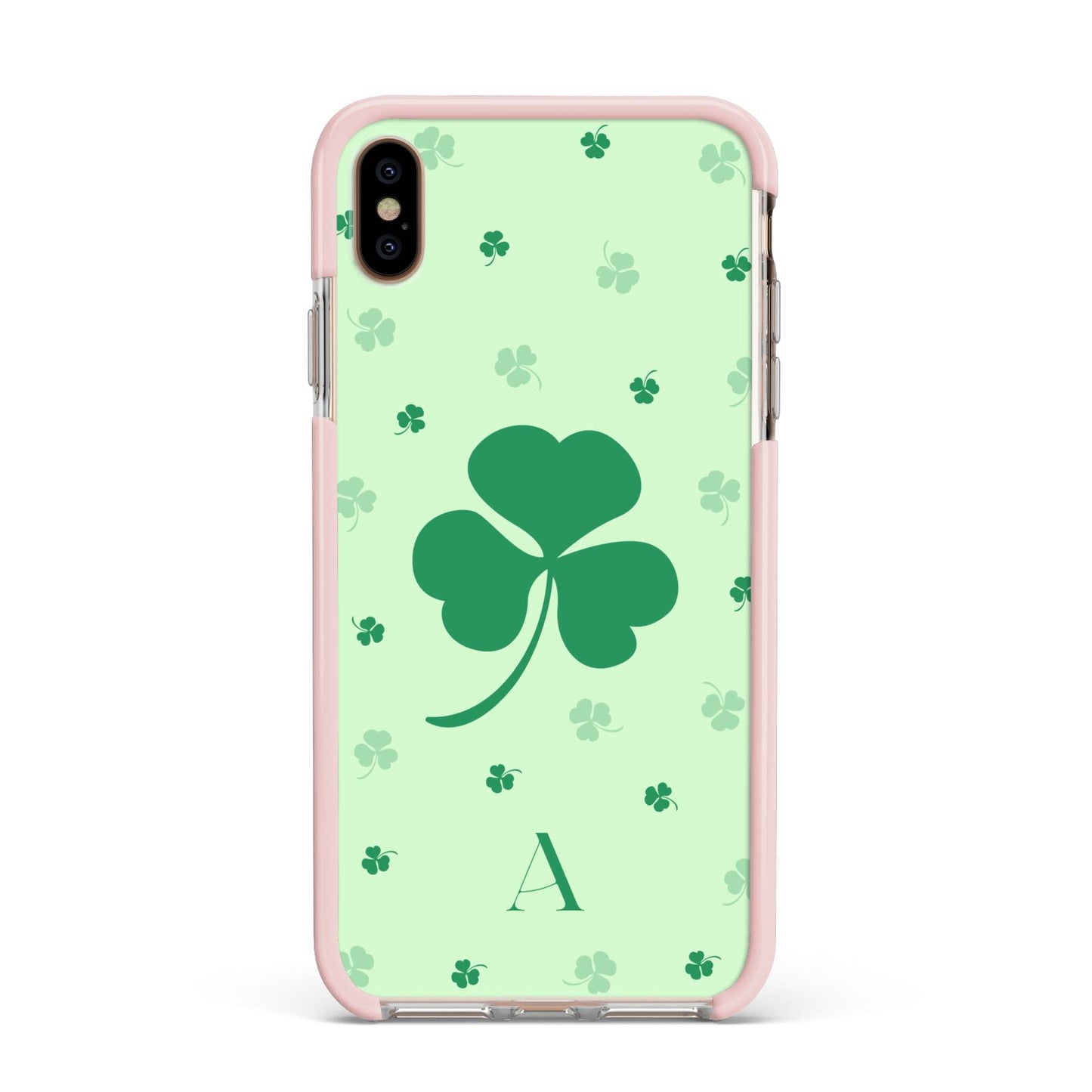 Shamrock Initial Personalised Apple iPhone Xs Max Impact Case Pink Edge on Gold Phone