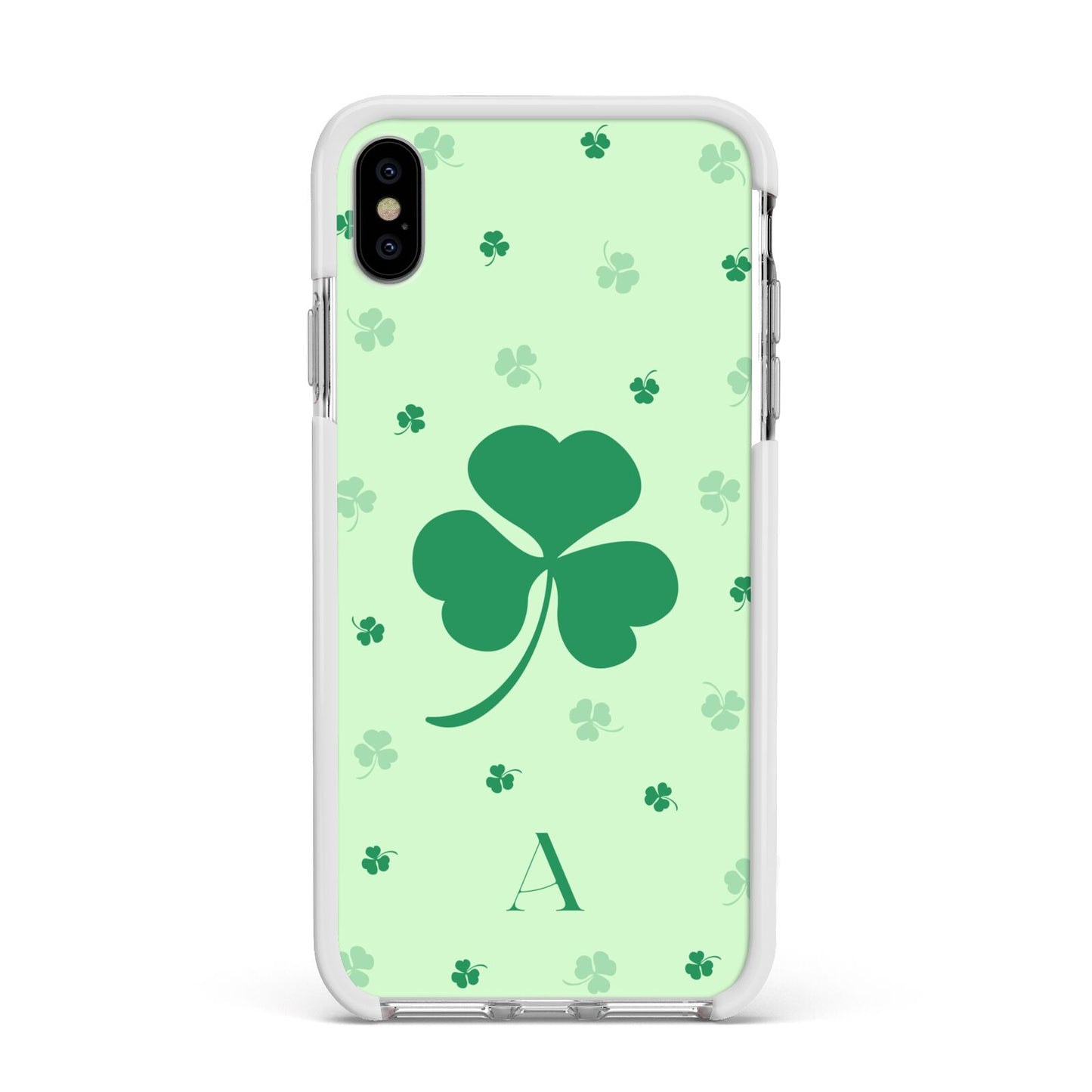 Shamrock Initial Personalised Apple iPhone Xs Max Impact Case White Edge on Silver Phone