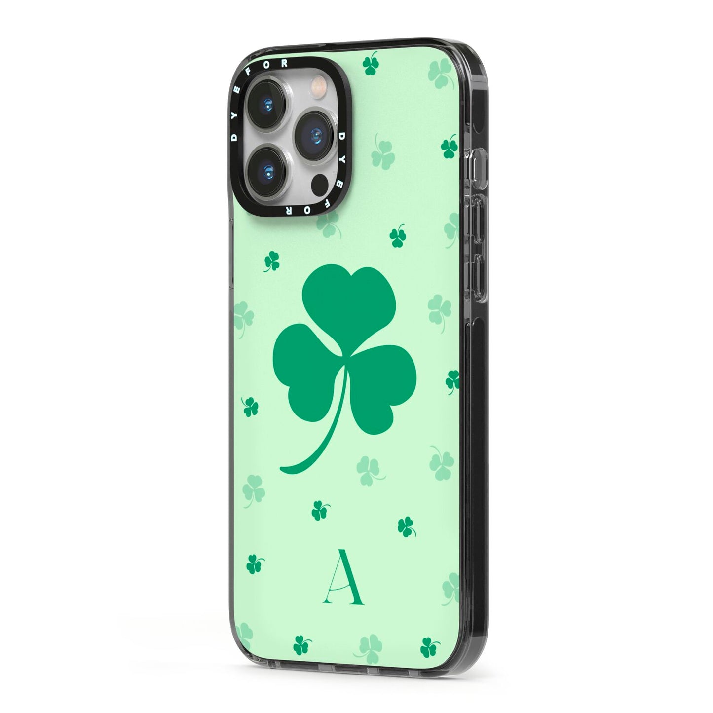 Shamrock Initial Personalised iPhone 13 Pro Max Black Impact Case Side Angle on Silver phone